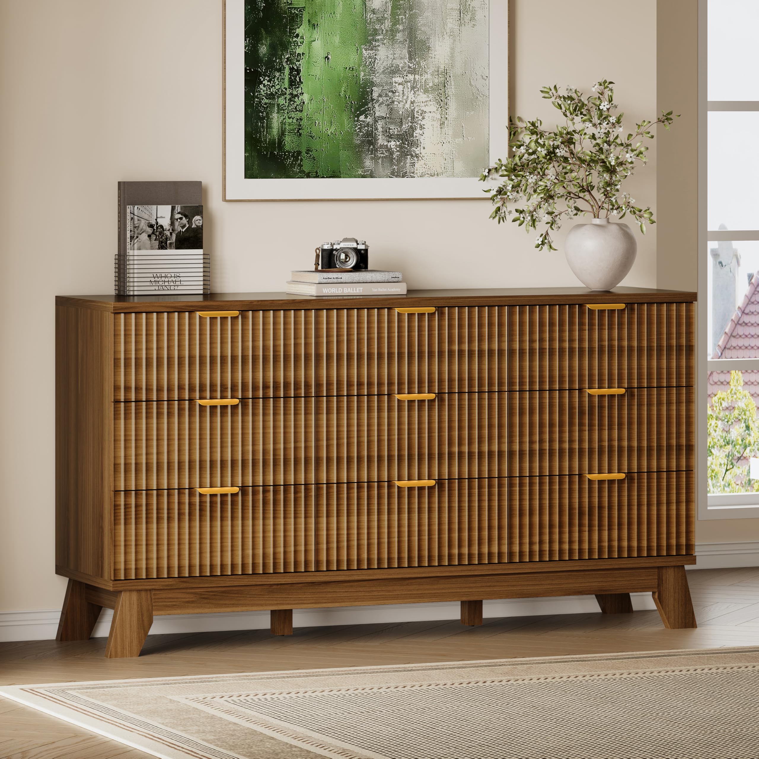 BORNOON Fluted 9 Drawer Dresser, 57.1" Wide Modern Boho Chest of Drawers, Wooden Storage Dresser TV Stand for Bedroom, Living Room, Closet, Hallway, Curved Profile Design