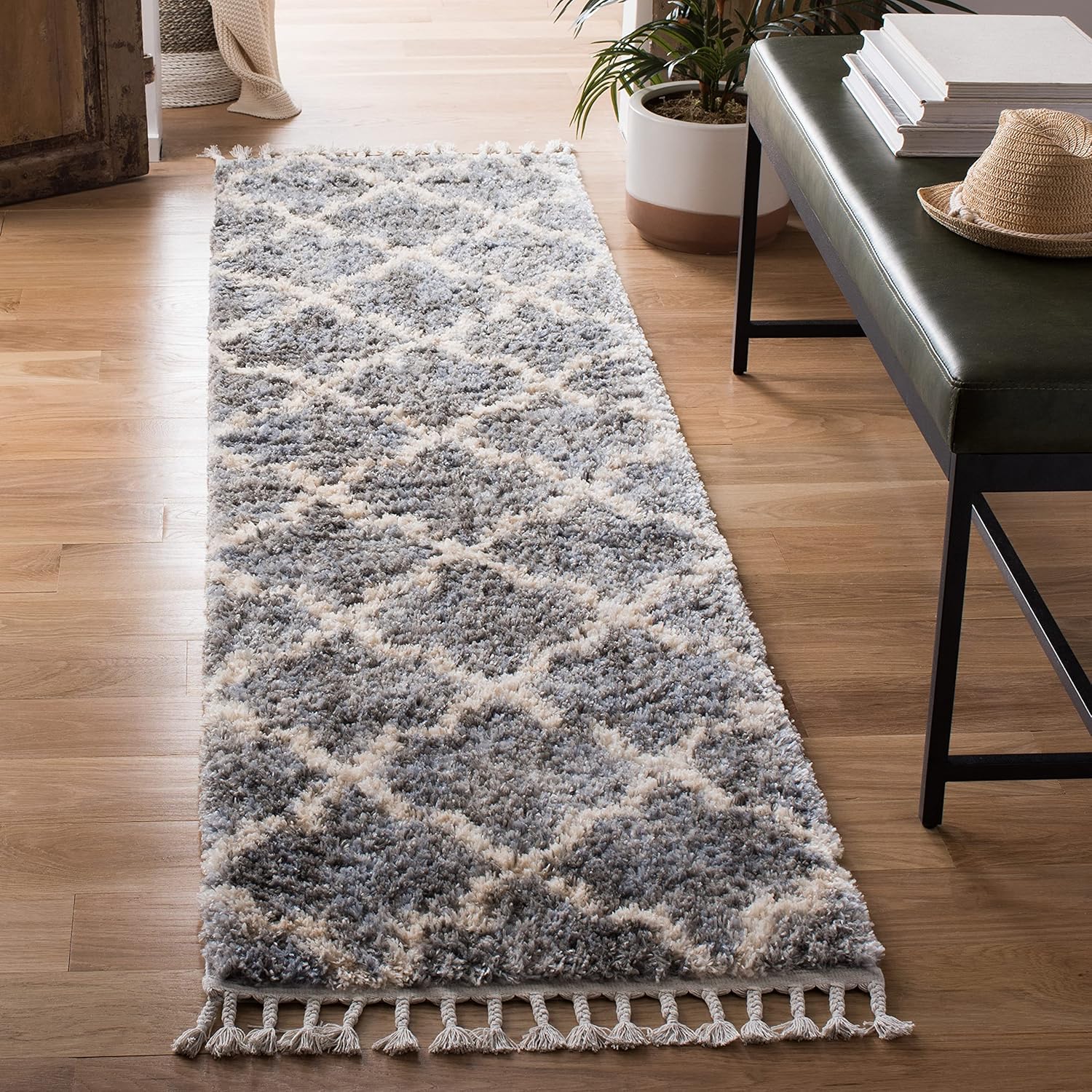 SAFAVIEH Berber Fringe Shag Collection Runner Rug - 2' x 8', Grey & Cream, Moroccan Design, Non-Shedding & Easy Care, 1.2-inch Thick Ideal for High Traffic Areas in Living Room, Bedroom (BFG627N)