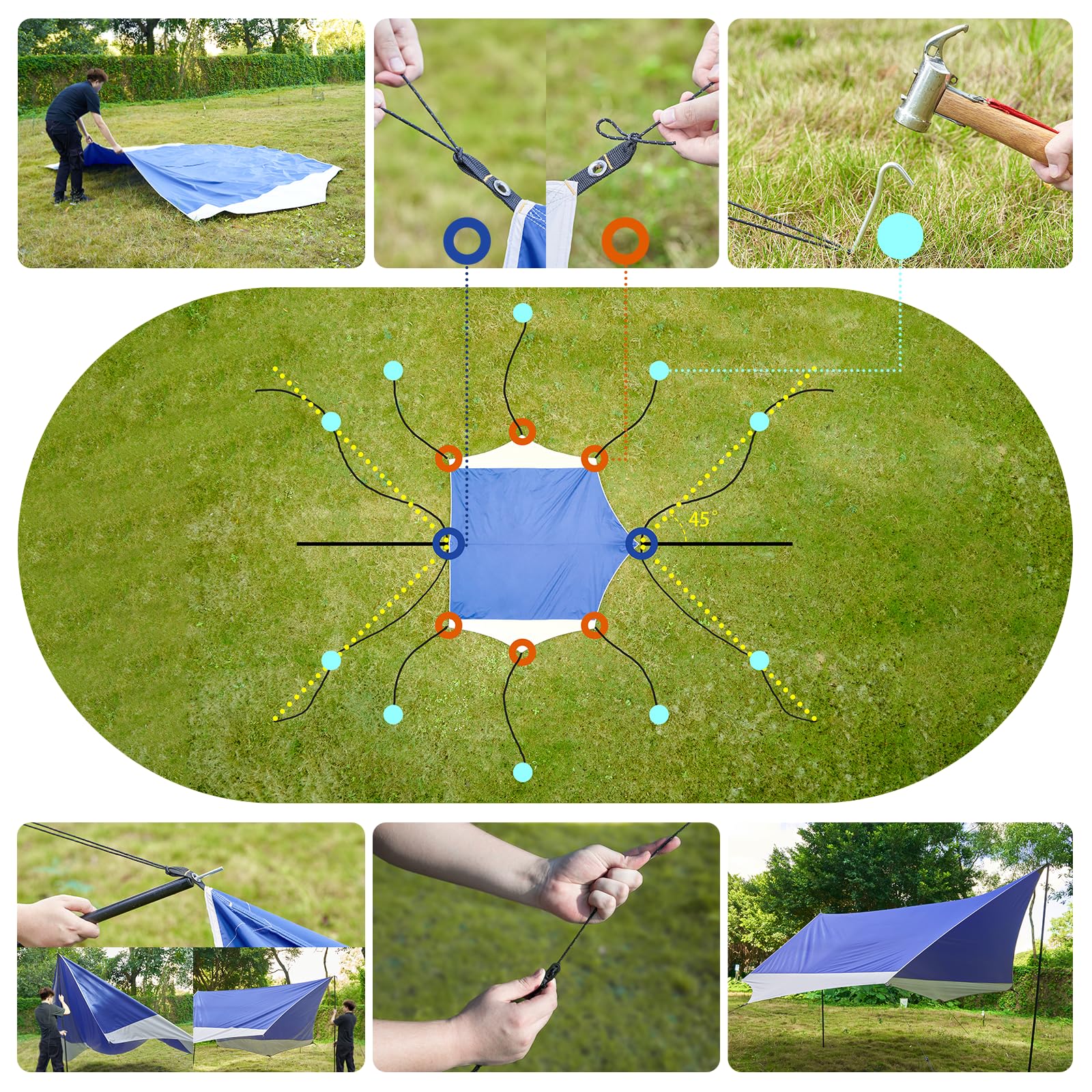 Toldo de Camping con 2 Postes, 3.7 x 4.3 m, toldo Impermeable PU2000+, UPF 50+, Revestimiento Plateado, Lona Impermeable con Ojales para Camping, mochileros, Senderismo