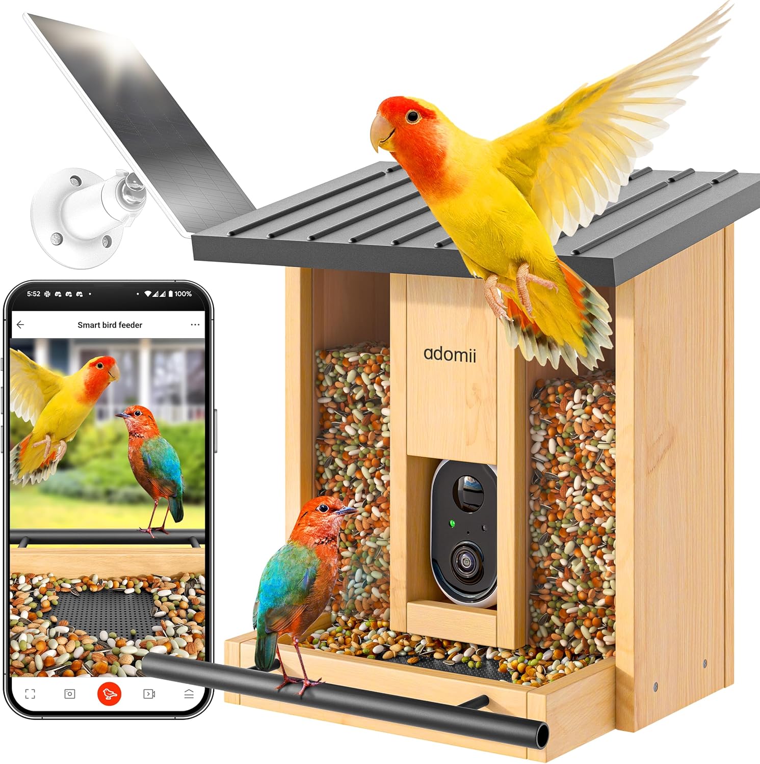 Smart Bird Feeder Camera with AI Bird Identification, HD Live View, Solar Powered with Backup Battery, Squirrel-Proof, Night Vision, Local Storage, Wi-Fi, Durable Weatherproof Outdoor Design
