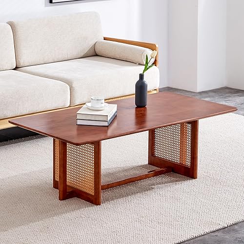 Miniatura 9 de Mesa de centro de madera moderna de mediados de siglo con soporte de ratán de polietileno, mesa de café rectangular de madera maciza de 47 pulgadas,
