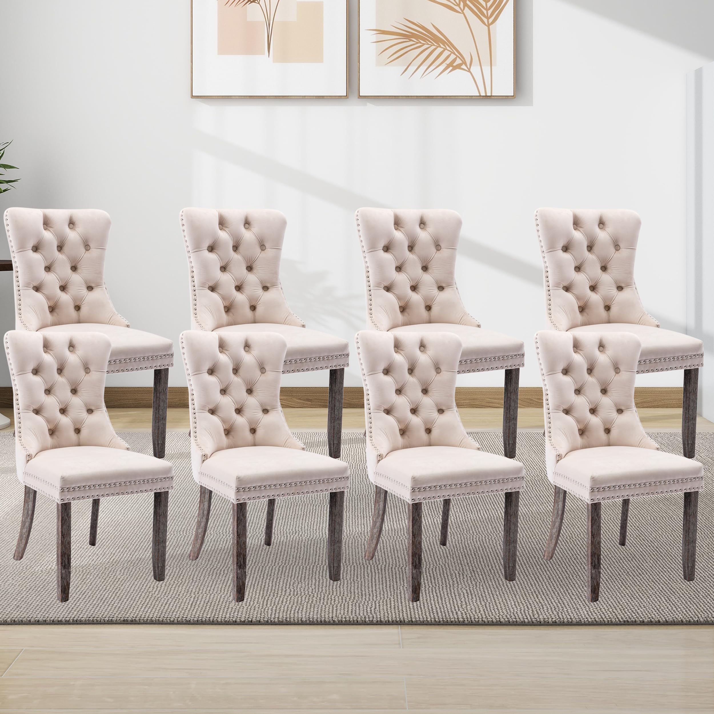 Velvet Dining Chairs Set of 8 Tufted Nailhead Ring Pull Trim Wood Legs Beige