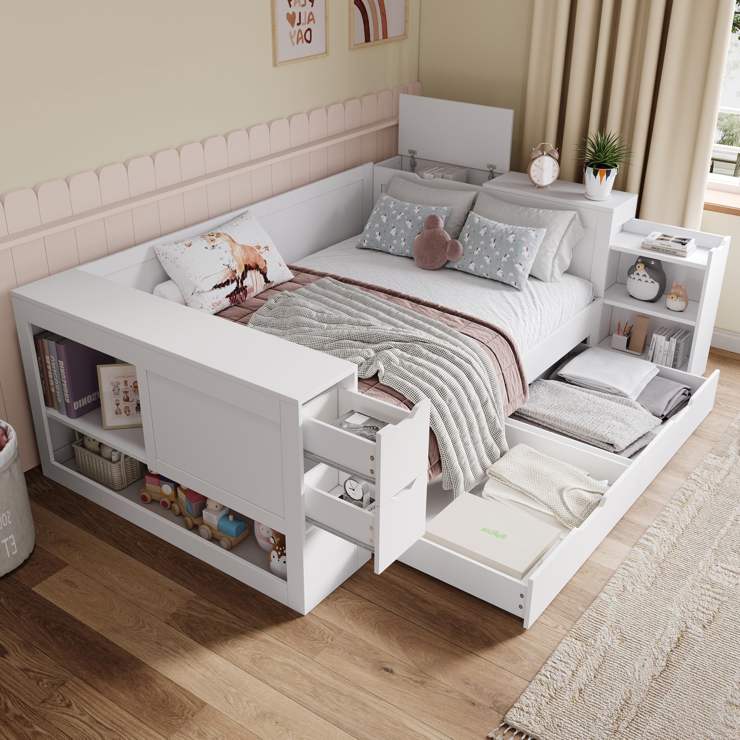 Kinderbett 140x200 cm, Doppelbett mit Regalen und Stauschrank, Stauraumbett mit Schubladen, Bettkasten mit Nachttischen, für Erwachsene und Jugendliche, Weiß, ohne Matratze