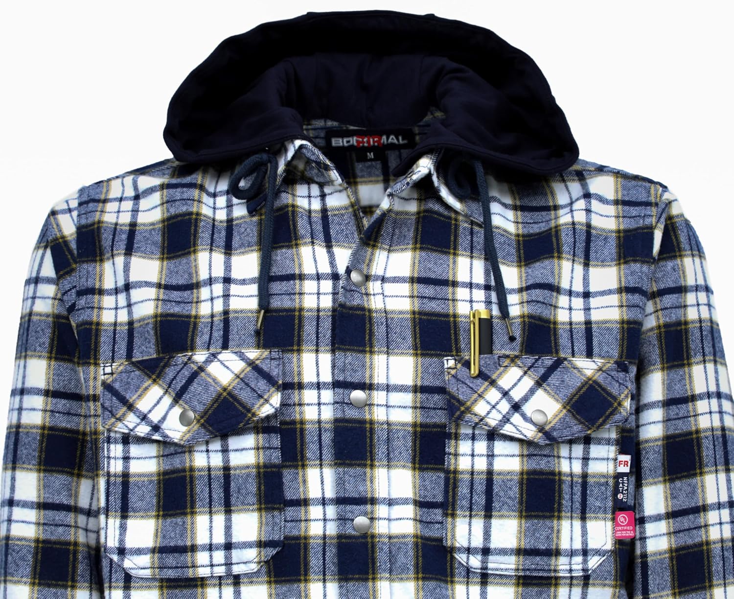 BOCOMAL FR Hooded Shirts Button Down Heavyweight Flannel Plaid Hoodies Fire Retardant Flame Resistant Welding Jacket
