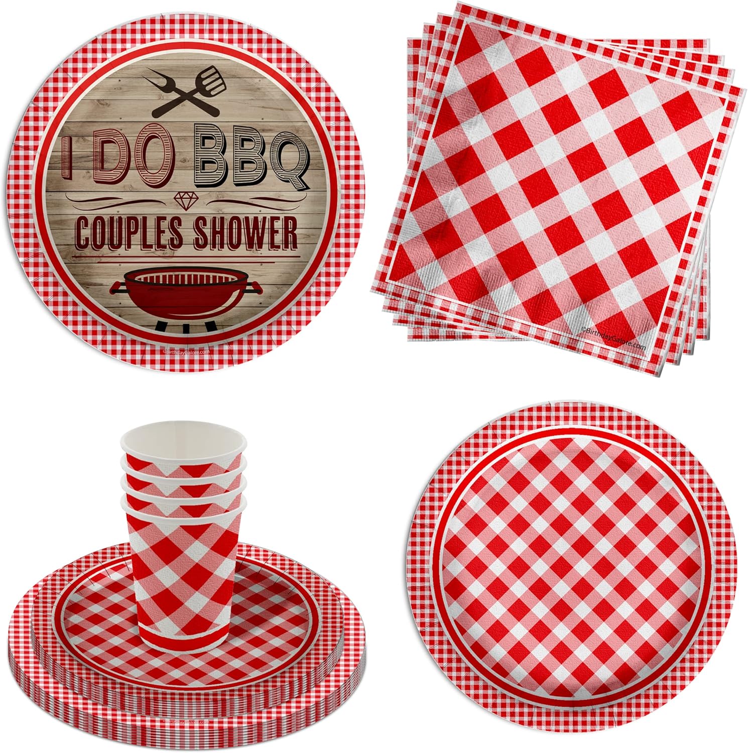 I Do BBQ Couples Shower Red Gingham Party Supplies - 64 Piece Bachelor Bacherlorette Bar-B-Q Tableware Set Includes Large 9" Dinner Plates and 8" Dessert Paper Plates Napkins Cups - Kit for 16