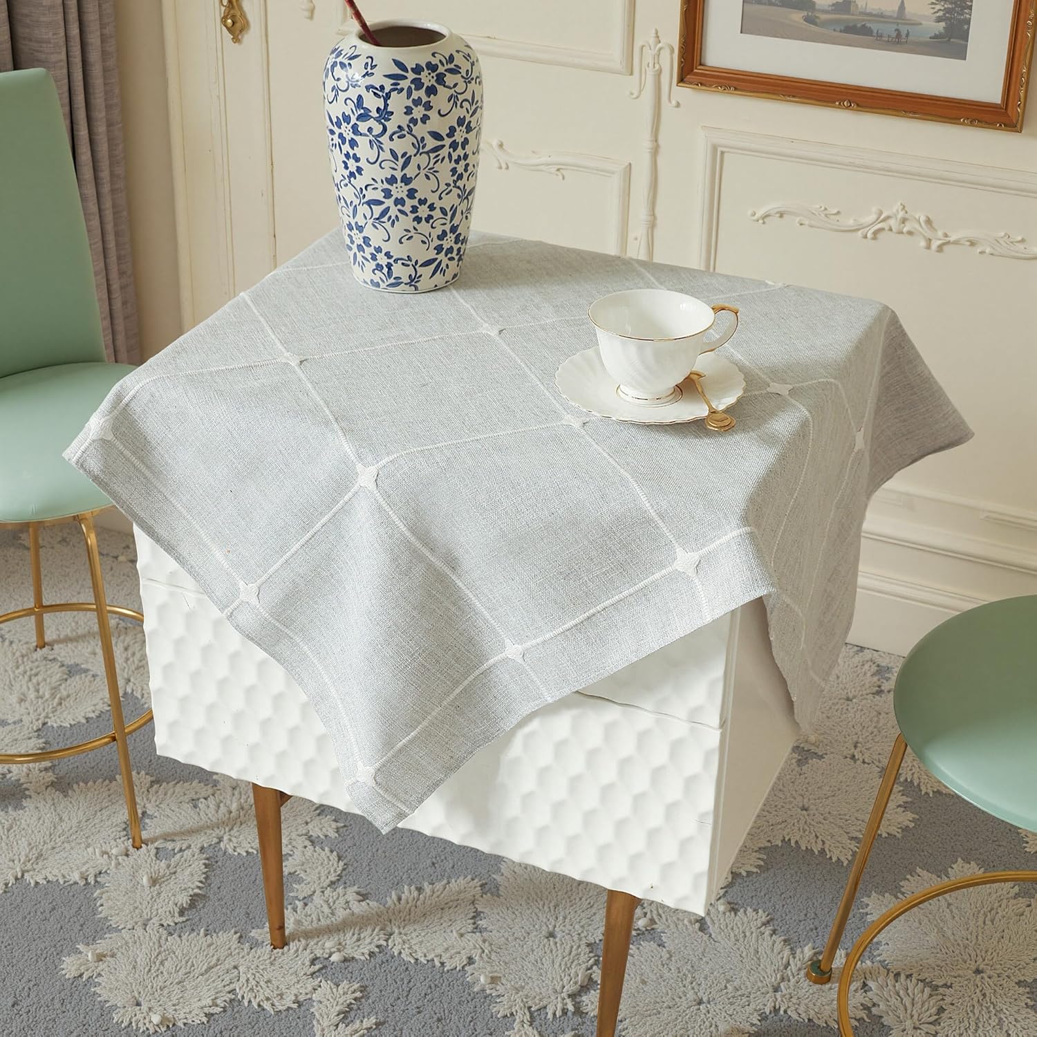 Nightstand Cover:Rustic Farmhouse Linen Gingham End Table Cover, Small Coffee Table Protector for Living Room & Bedroom, Machine Washable(Grey Plaid,35.4" L x 35.4" W)