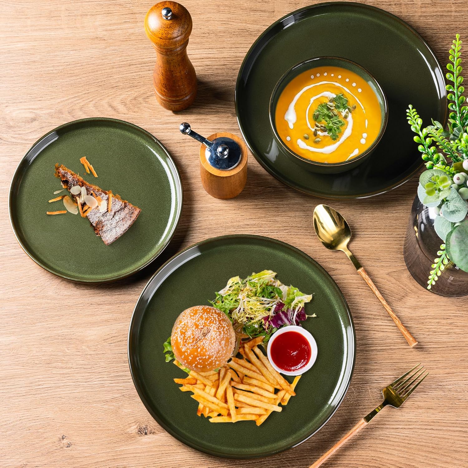 AmorArc Stoneware Dinnerware Sets,Round Reactive Glaze Plates and Bowls Set,Highly Scratch Resistant | Dishwasher & Microwave Safe Dishes Set,Service for 8 (24pc)