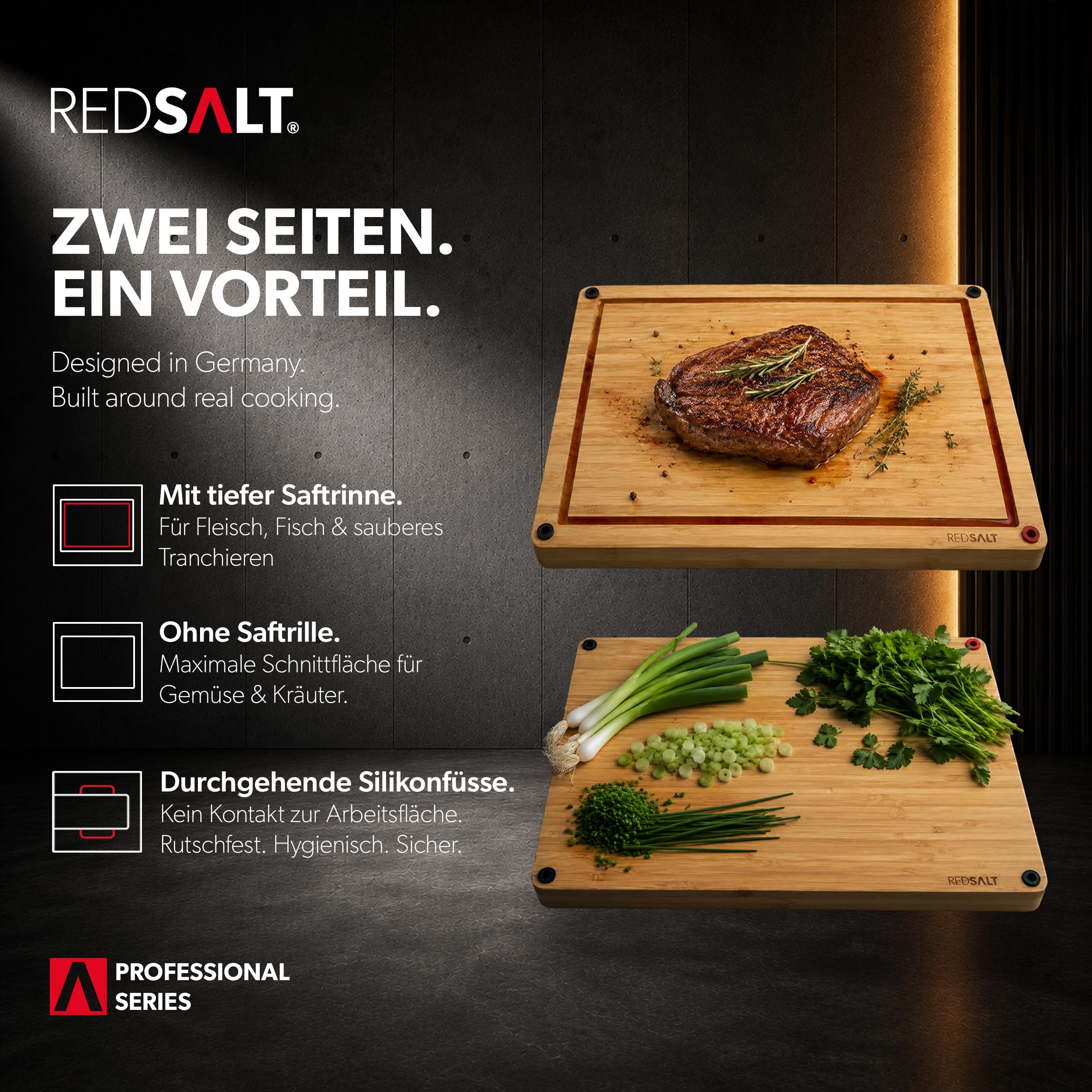 REDSALT Bambus Schneidebrett Set XL & L – 2-teiliges Küchenbrett Set mit Saftrille, Antirutsch-Füßen & beidseitig nutzbarer Oberfläche