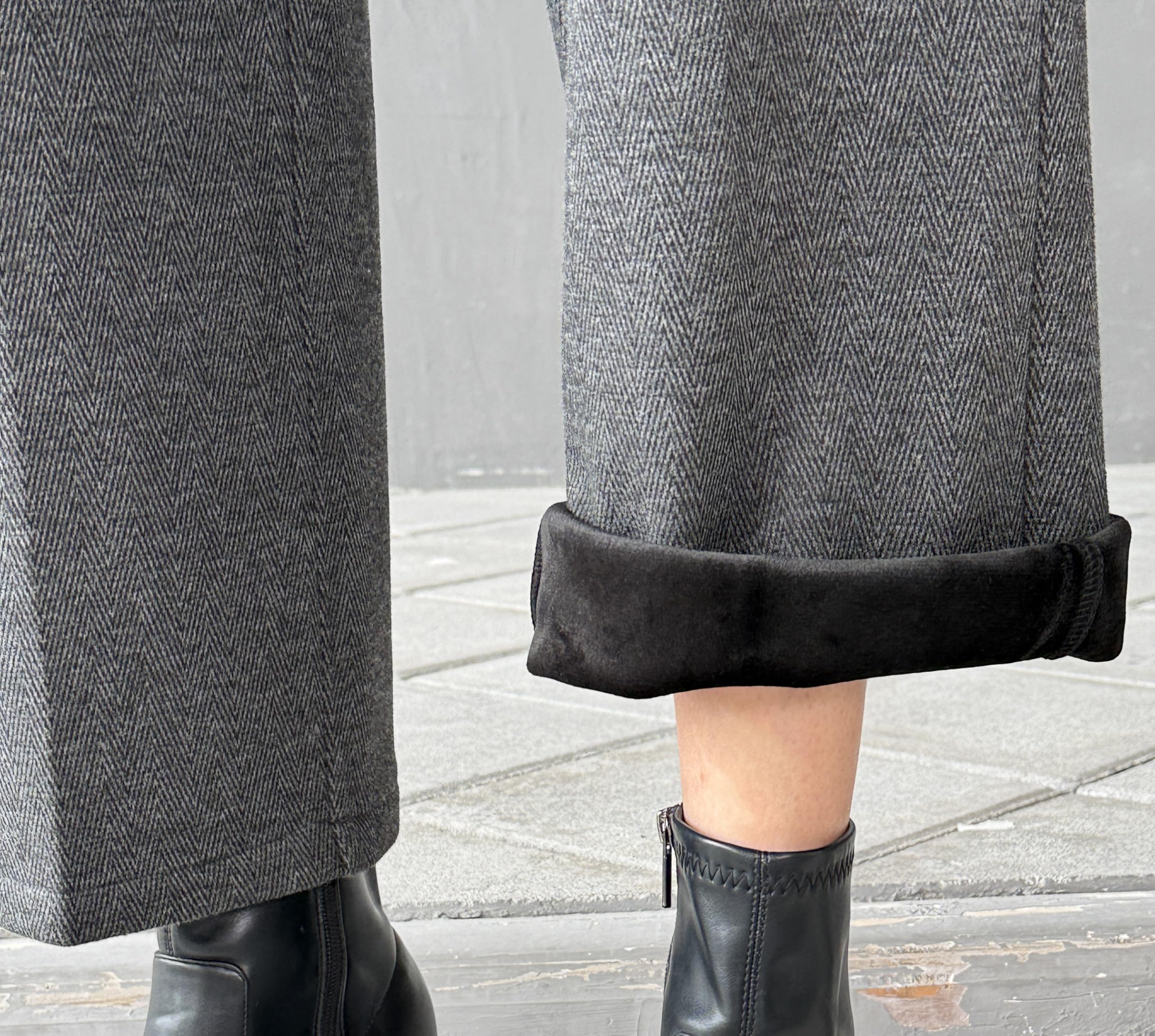 Fakanhui Damen-Winter-Thermohose, Wollmischung, Tweed, bauchfrei, weites Bein, Fleece-gefüttert, Business-Casual-Hose