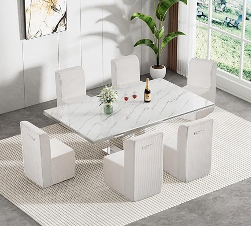 Miniatura 15 de Juego de mesa de comedor extensible marrón de 9 piezas para 8, 63-78.74 pulgadas, juego de mesa de comedor extensible de madera rectangular y sillas