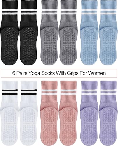 Miniatura 2 de Sintege 6 pares de calcetines de pilates, calcetines de yoga con empuñaduras para mujer, antideslizantes, para entrenamiento descalzo, calcetines