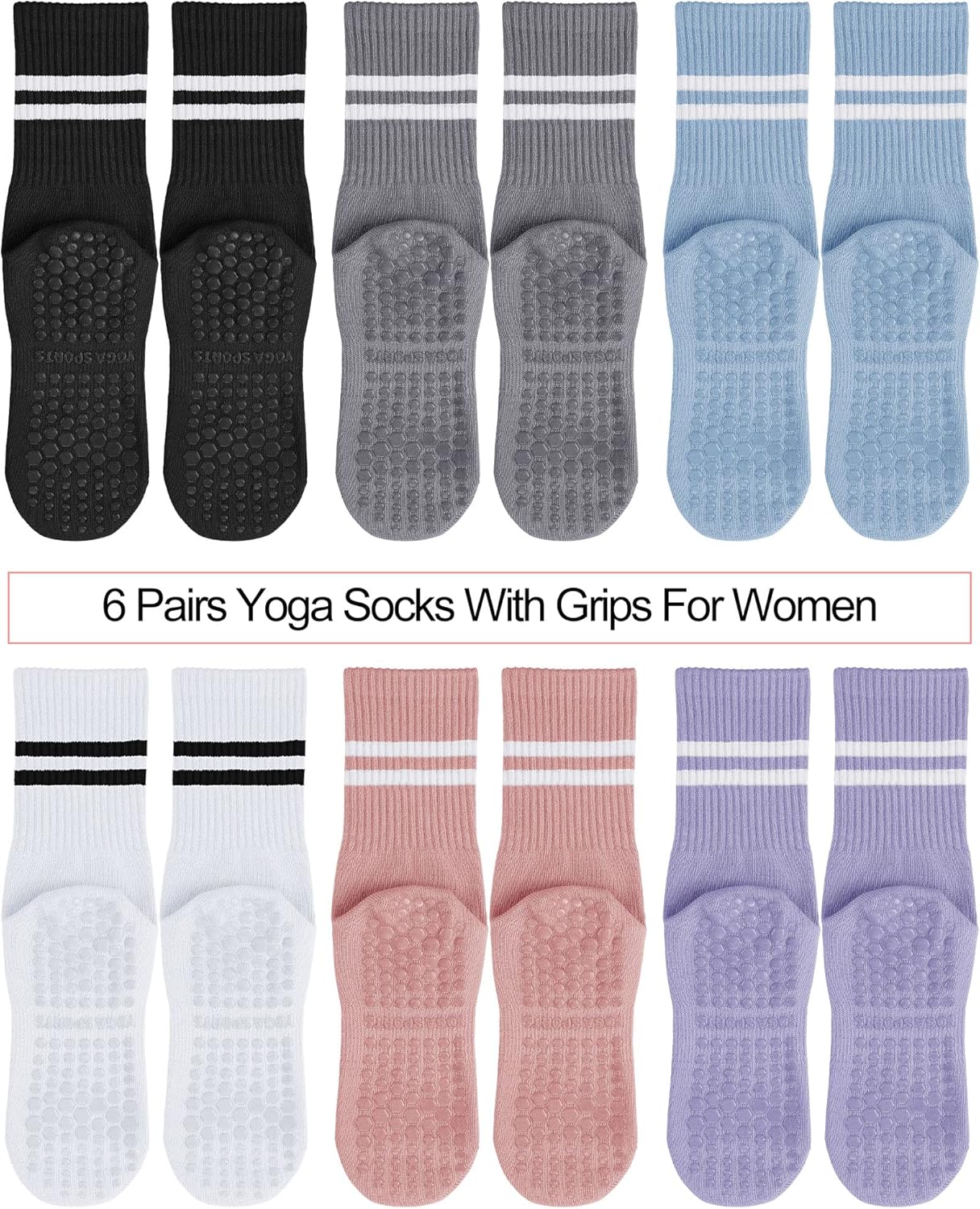 6 Pairs Yoga Socks with Grips for Women Pilates Socks Non