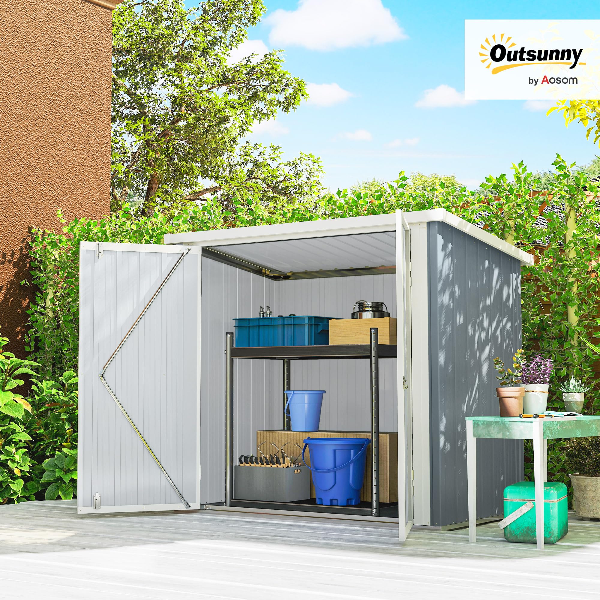 Outsunny Garden Shed - caseta de jardín 1,09 m² - caseta de Herramientas con 2 Puertas con Cerradura - Dim. 147L x 86W x 134H cm - Chapa de Acero Gris Claro Blanco