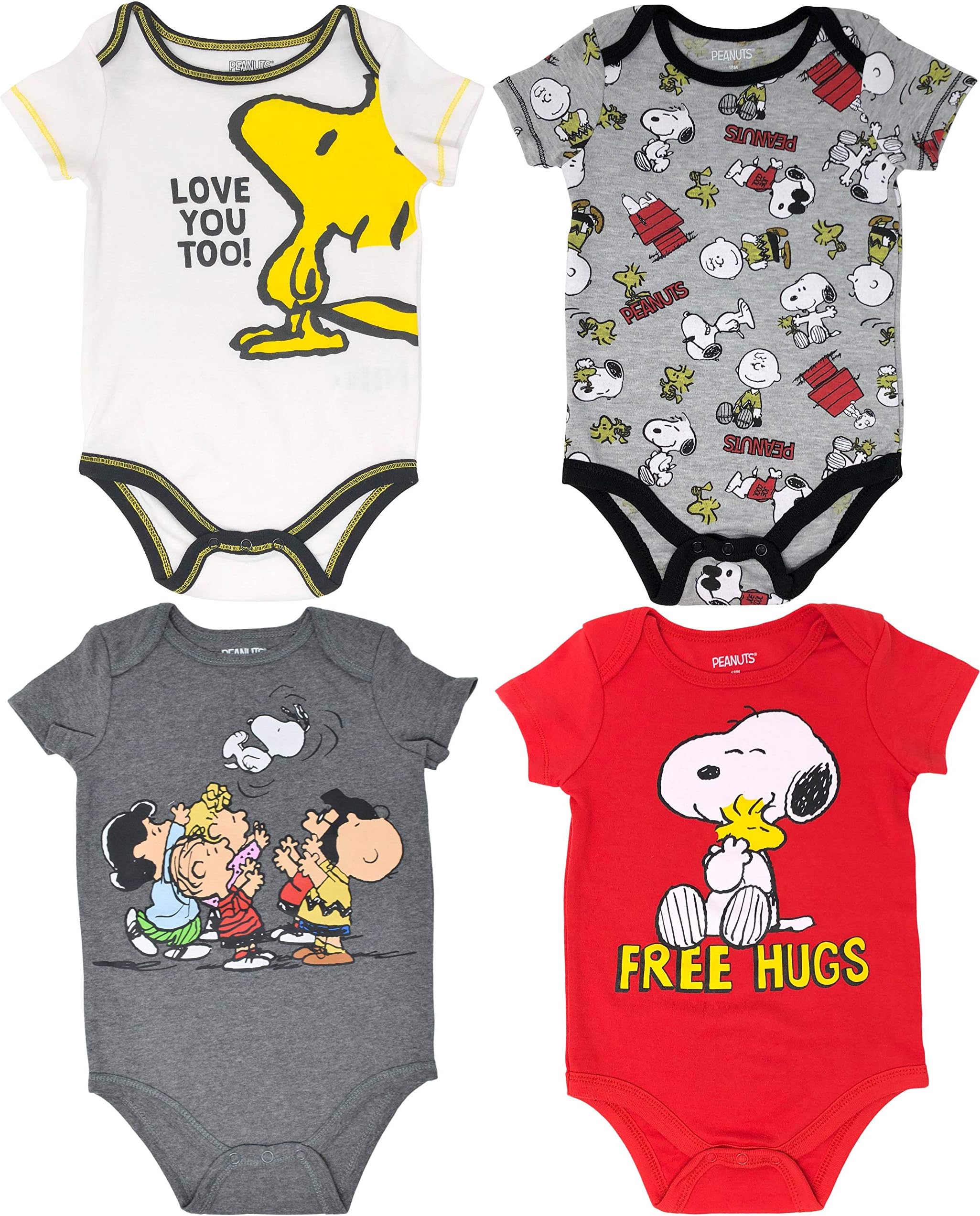 PeanutsSnoopy Baby Boys 4 Pack Bodysuits - Charlie Brown Woodstock Joe Cool