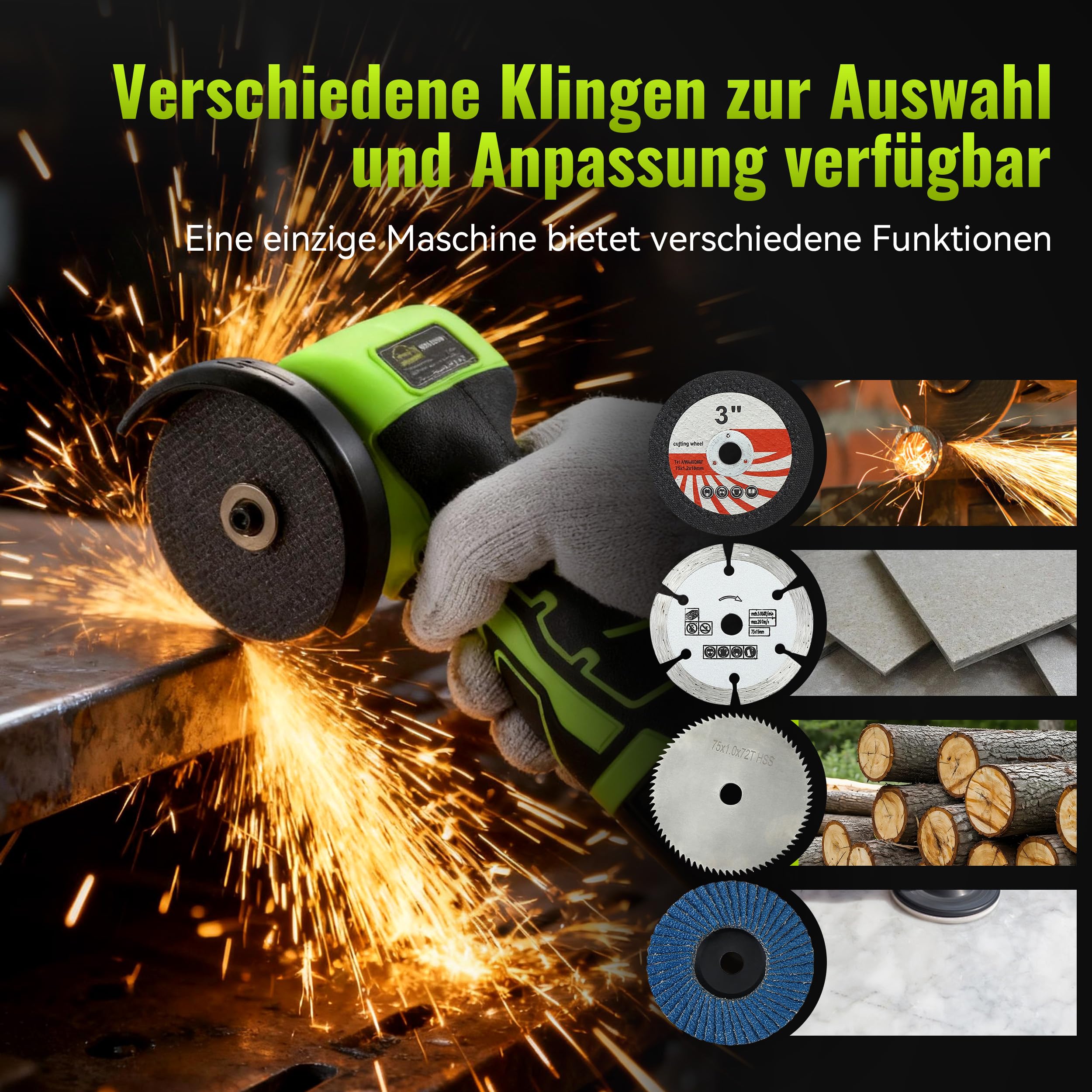 DEWINNER Akku-Winkelschleifer 19 500 U/min - 76mm Schleifscheibe, 2 Akkus 2000mAh, 6 Schneidscheiben und Tragetasche - Für Schleifen, Polieren, Schneiden