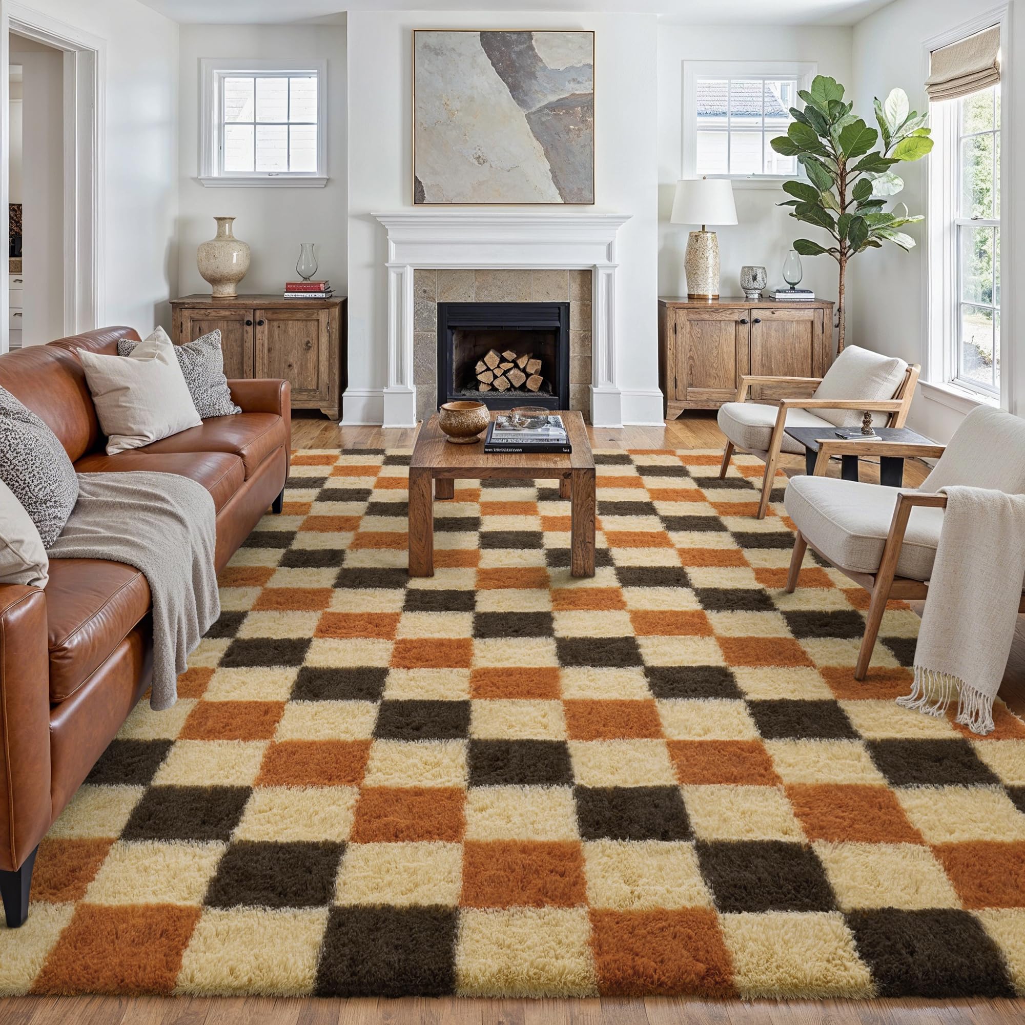 PureCozy Checkered Rug 8x10 for Living Room, Colorful Modern Shag Rug Washable Non-Slip Large Area Rug Super Soft Indoor Fuzzy Carpet Fluffy Rugs for Bedroom Home Aesthetic Decor
