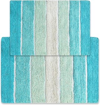 Cordural Stripes Bath Mat, Set of 2 Bath Rugs 17 Inches x24 Inches & 21 Inches x34 Inches | Non Slip Bathroom Rug, Machine Washable, Plush, Highly Absorbent | Aqua Turquoise Ombre