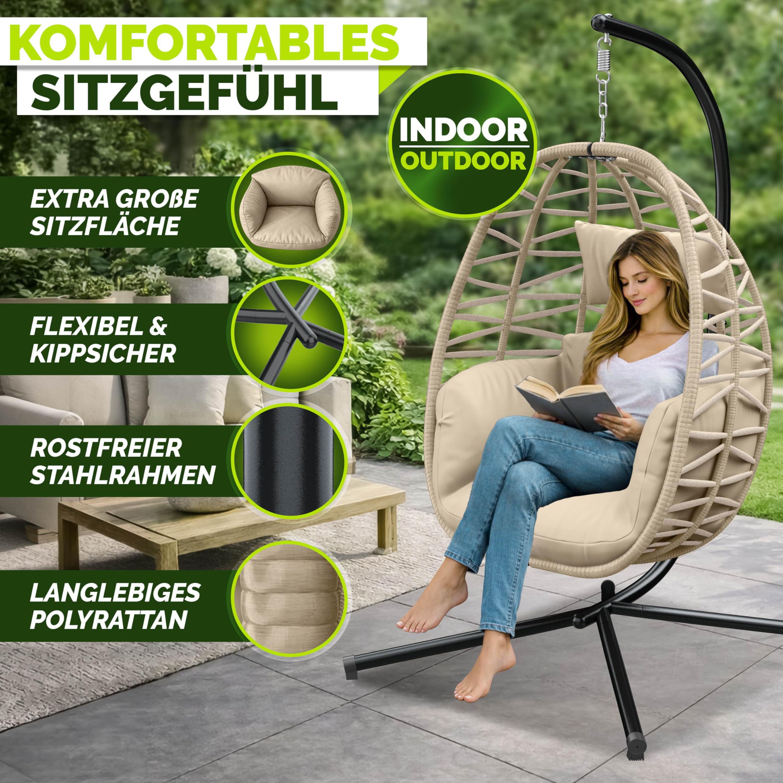 tillvex® Hängesessel mit Gestell Outdoor & wetterfester Abdeckung inkl. Befestigung | Hängekorb klappbar bis 150 kg | Hängesitz aus Rattan | Hängestuhl für Indoor Garten Balkon Terrasse (Taupe)