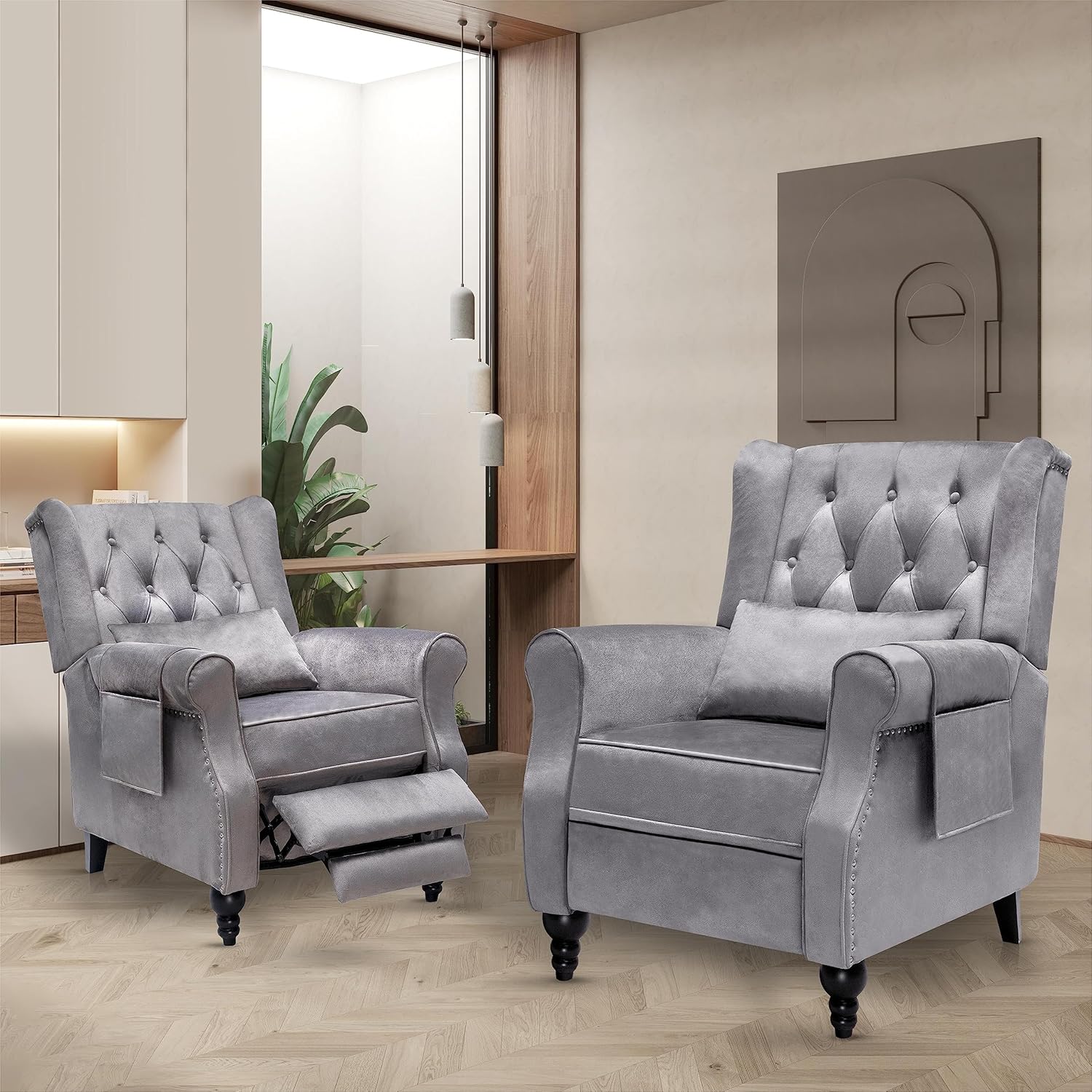 Velvet Recliner Chair Set of 2, Tufted Wingback Recliner