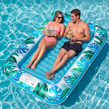 JAMBO XL Inflatable Tanning Pool Lounger Float, 80 x 56 Sun Tanning Pool Float with Pillow, Double Water Lounge Raft Pool Floatie for Adults Tanning Raft Water Tanning Bed Kiddie Pool Floats