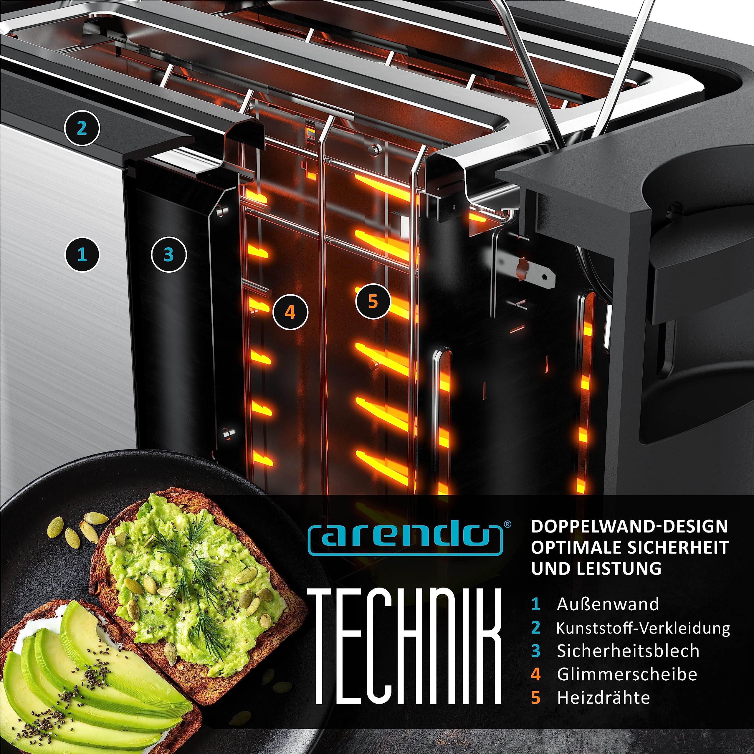 Arendo - Toaster 2 Scheiben Edelstahl mit Restzeitanzeige - 800 Watt - Doppelwandgehäuse - Integrierter Brötchenaufsatz - 6 Bräunungsgrade - kurz - Brotscheibenzentrierung – beleuchtetes LCD-Display