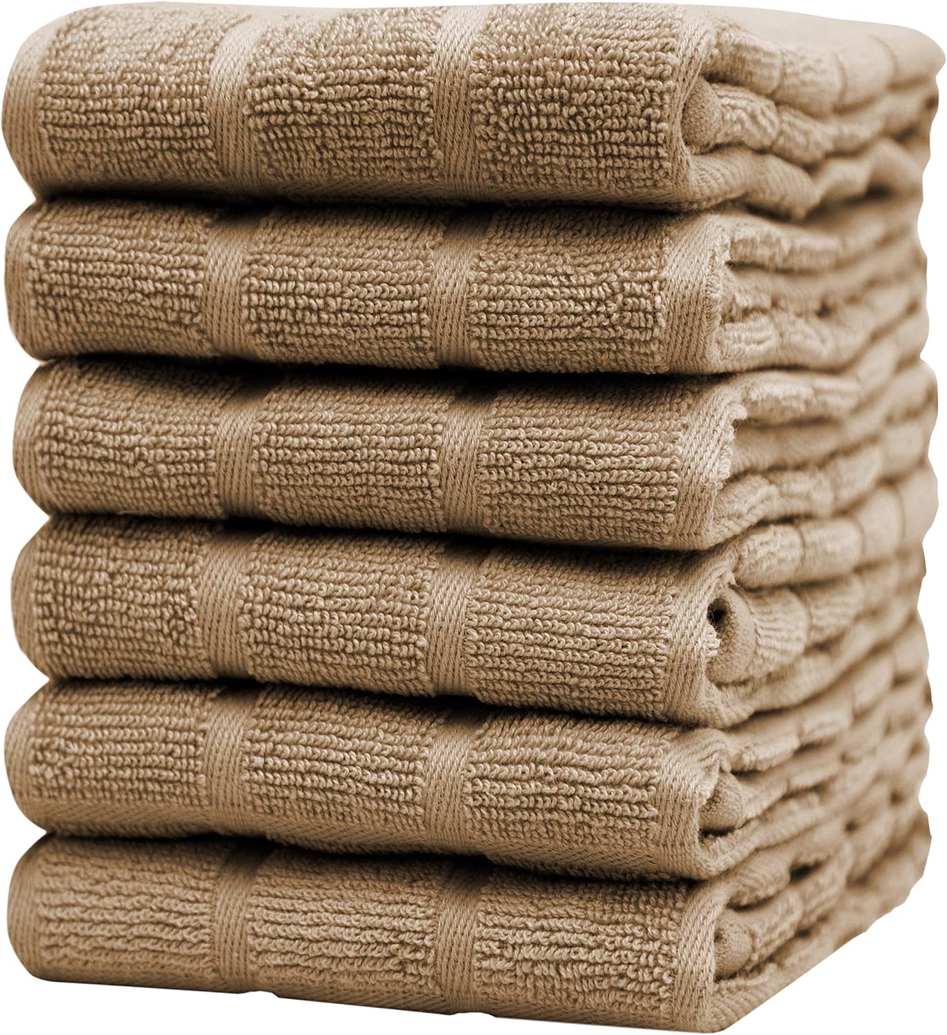 Pack of 6 Premium Large Kitchen Towels Set - Solid Grid Design Kitchen Hand Towels - Large, 430 GSM, Extra Absorbent - Dish Towels for Drying Dishes - Cotton Tea Towels - Tan