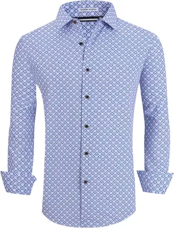 Alex Vando Mens Button Down Shirts Wrinkle Free 4-Way Stretch Print Business Casual Shirt