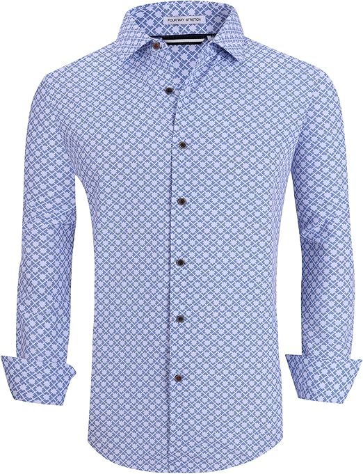 Alex Vando Mens Button Down Shirts Wrinkle Free 4-Way Stretch Print Business Casual Shirt
