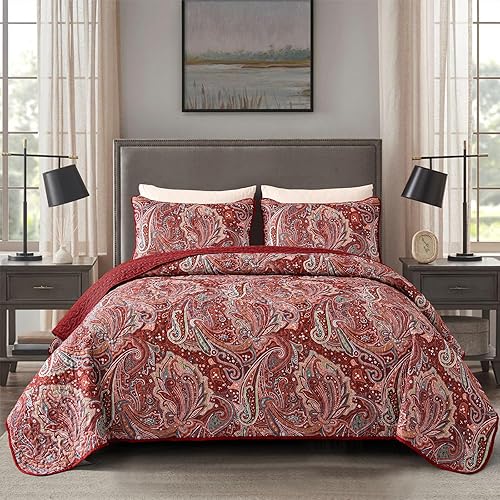 DJY Red Paisley Quilt Set Full Size Boho Quilt Bedspread Set 3 Pieces, Soft Lightweight Microfiber Coverlet Set Paisley Floral Pattern Bedding for All Season, 90''x80''