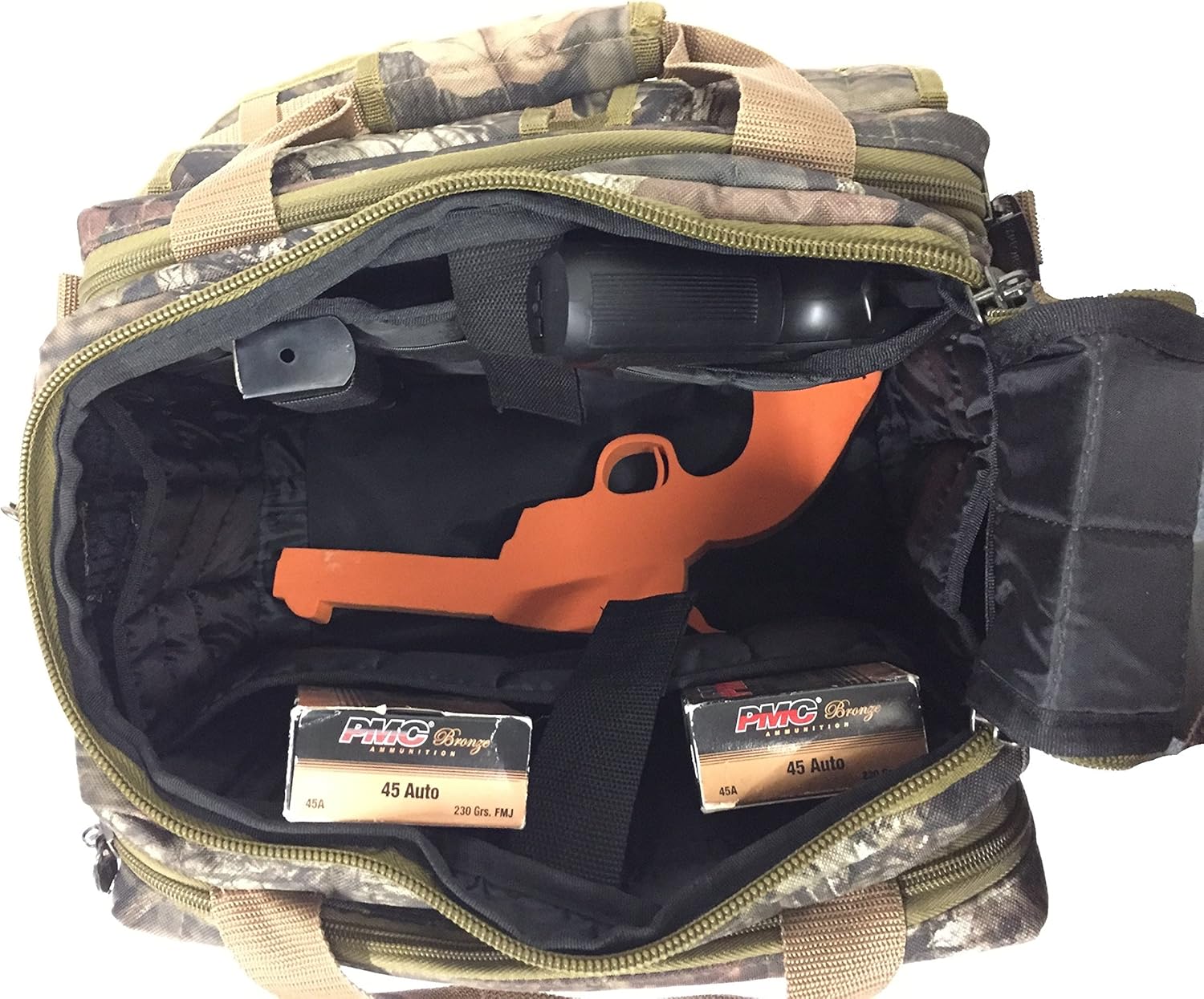 Explorer ® 8 Pistol Tactical Range Go Bag Assault Gear Hiking EDC Camera Bag MOLLE Modular Deployment Compact Utility Military Surplus Gear (Mossy Oak Khaki Trim)