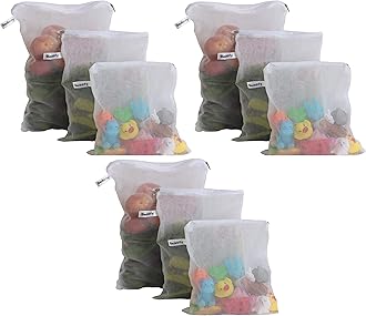 Beddify Set of 9 Reusable Fridge Storage Bags for Vegetables and Fruits with Zipper Dual Layer Mesh Net Multipurpose Multi-Size Kitchen Storage Bags Organizer (White)