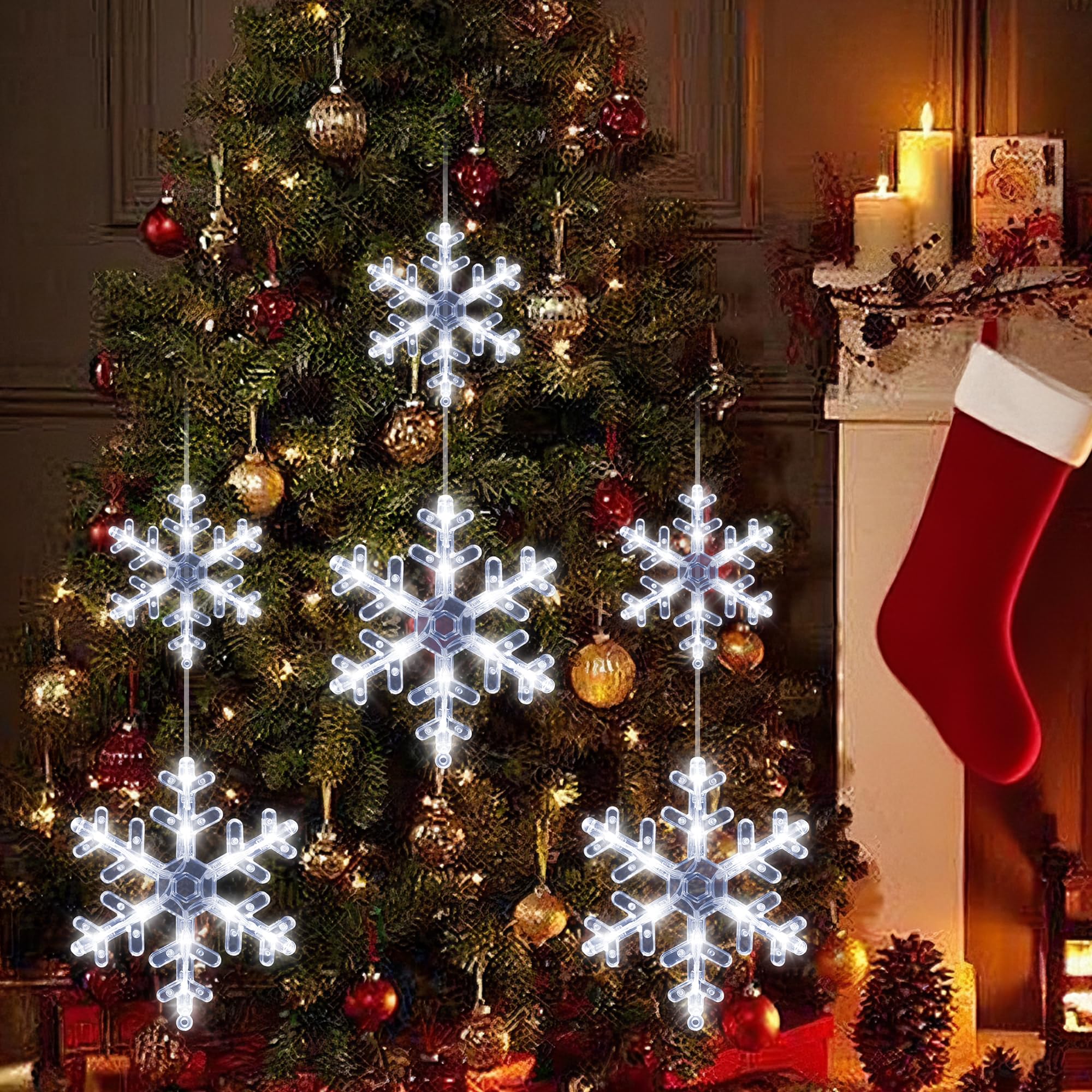 Lot de 3 décorations de fenêtre de Noël en forme de flocon de neige avec ventouse, LED à piles à suspendre pour intérieur ou extérieur