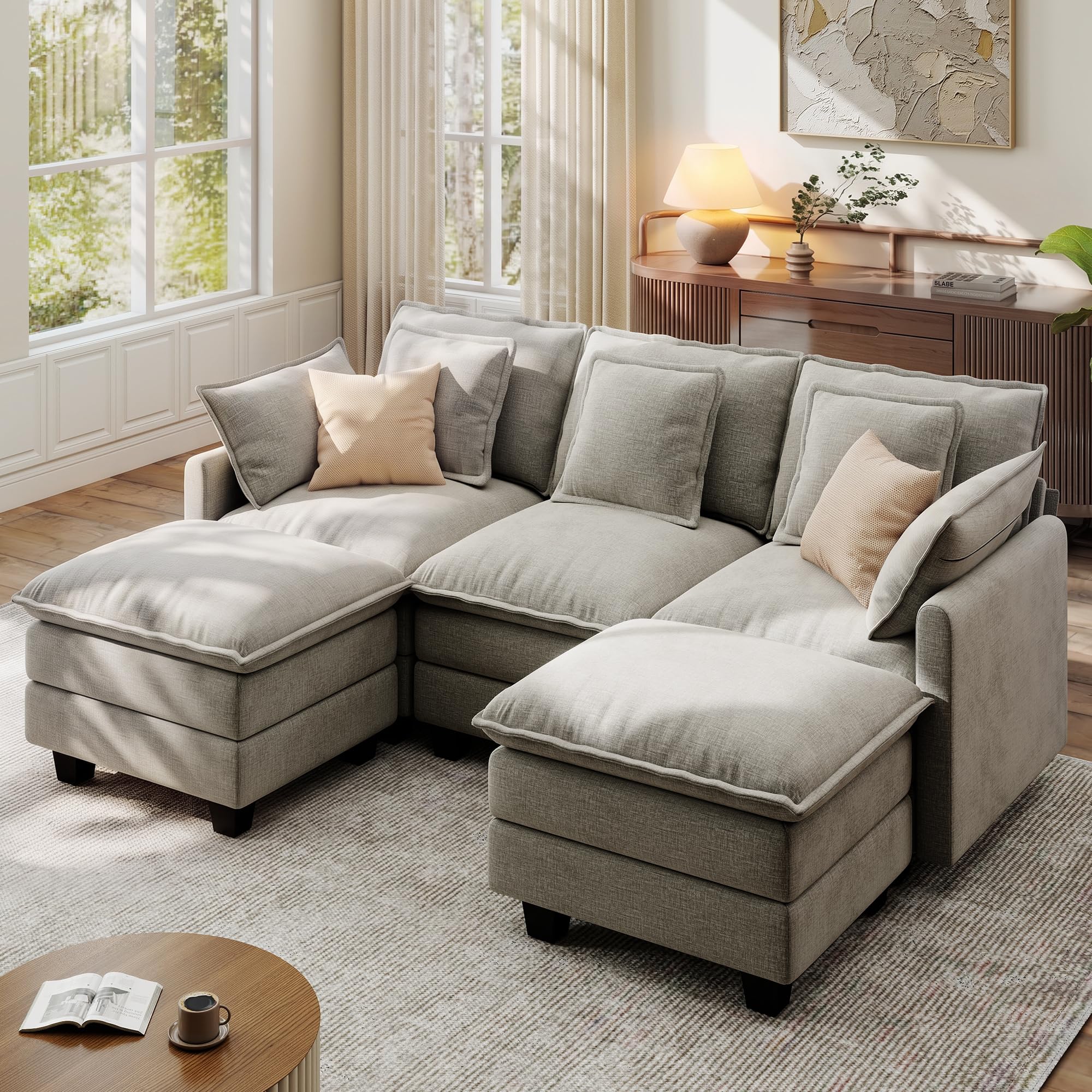 Ihanherry 83" Modular Sectional Cloud Sofa, U Shaped 5 Seat Chenille Couch with Movable Ottomans and 48" Deep Seat, Couches for Living Room, Grey