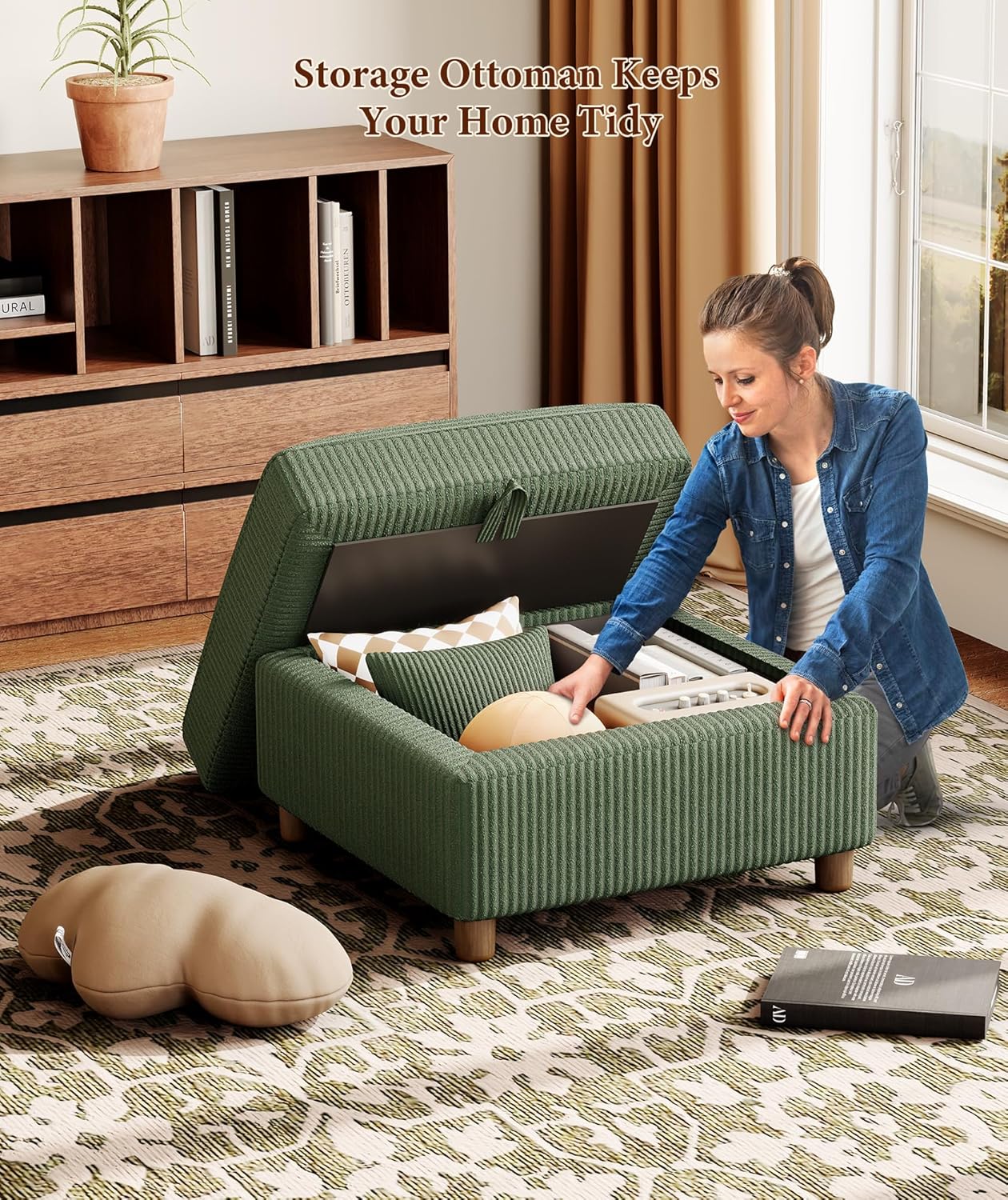 Kidirect Green Corduroy Storage Ottoman, 25" Large Living Room Ottoman, Tool-Free Setup Ottomans with Storage, Solid Wood Coffee Table, Comfy Bench for Bedroom, Ottomans for Living Room Home Office