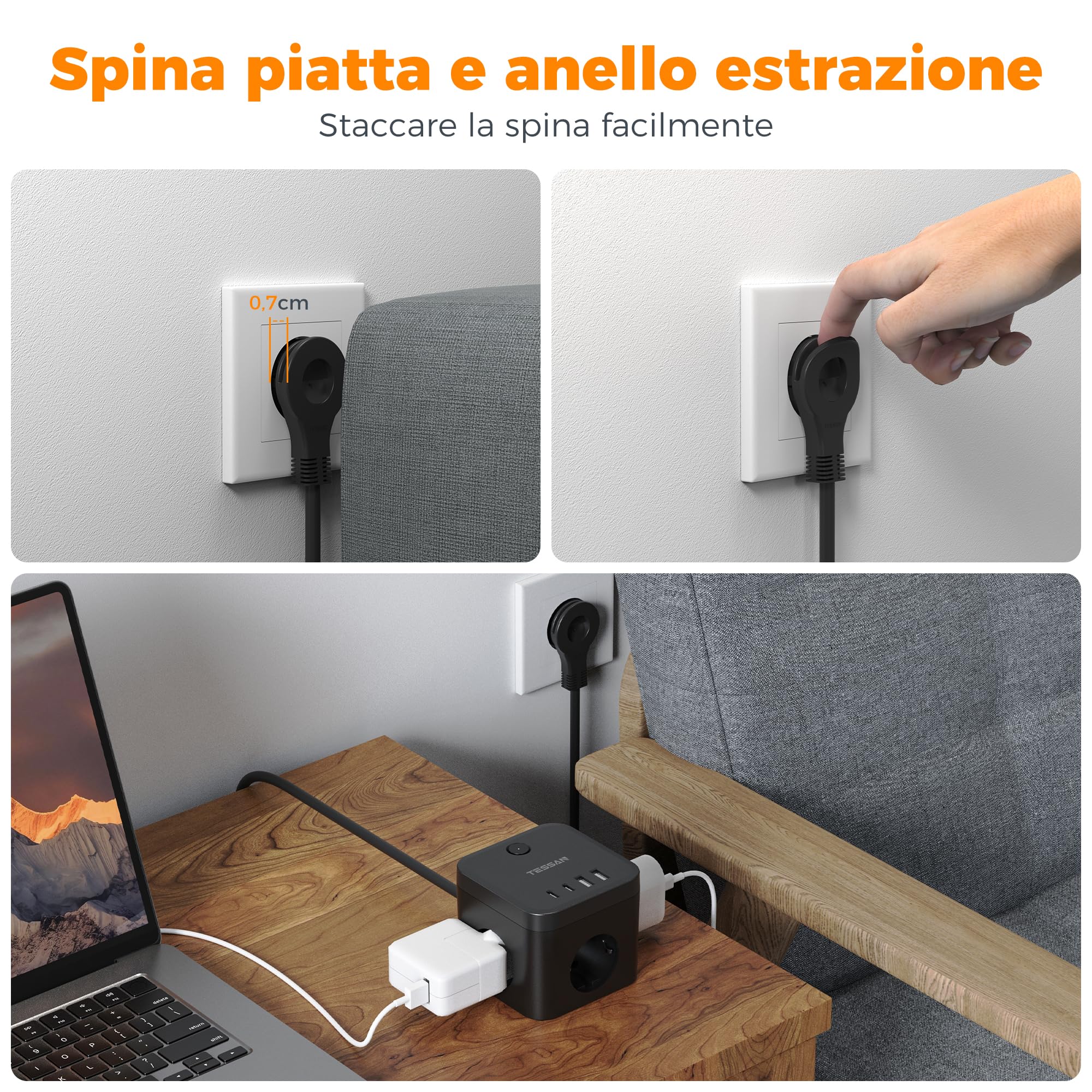 TESSAN Presa Multipla con Prolunga Elettrica 5 M, Ciabatta Multipresa con USB C PD 20W Ricarica Rapida, 3 AC Ciabatta Elettrica Cubo con 4 USB e Interruttore, Multipresa Salvaspazio, Nero, 3680W