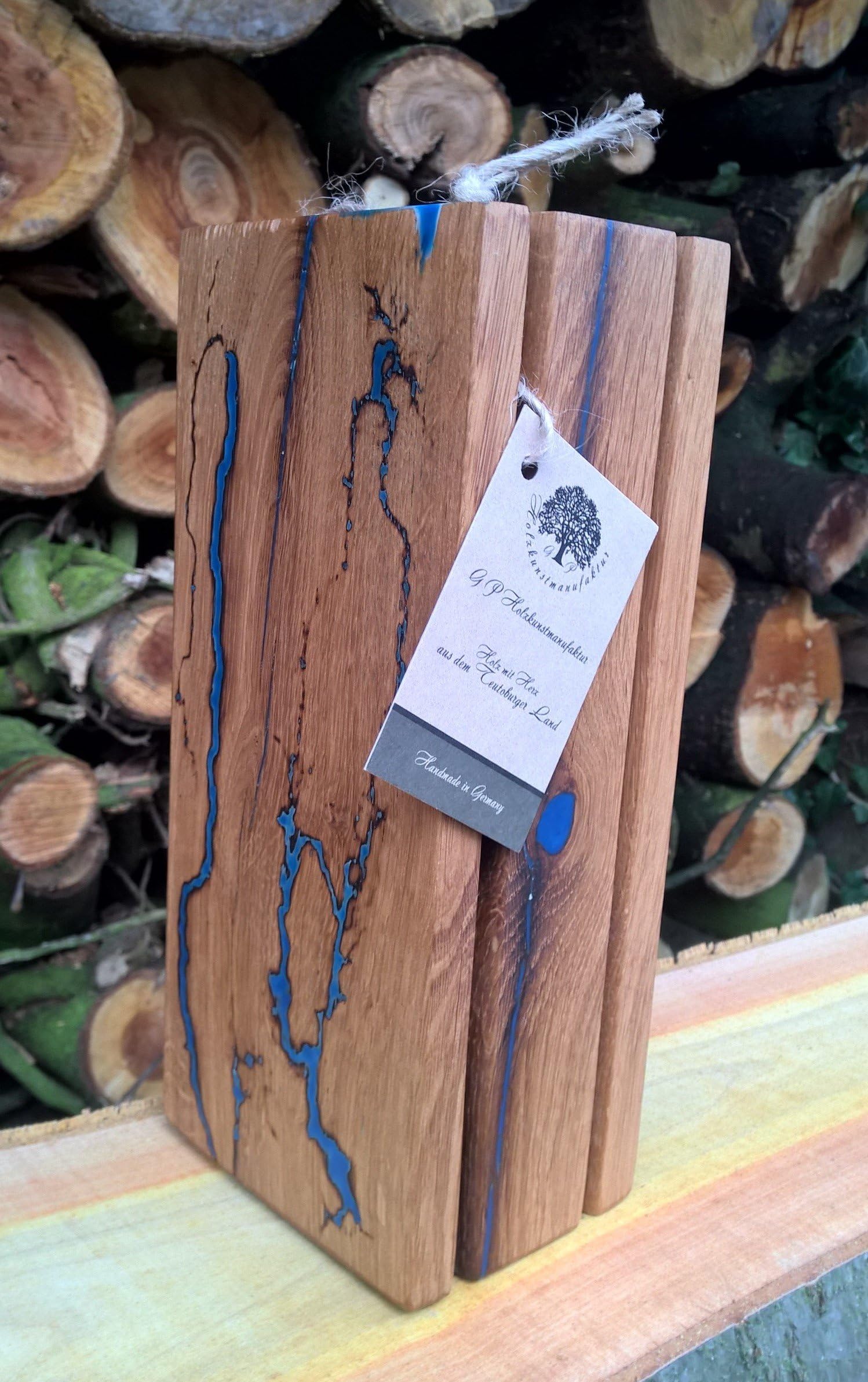 Knife block, solid wood, old oak wood, for 4 knives with glowing in the dark ornaments