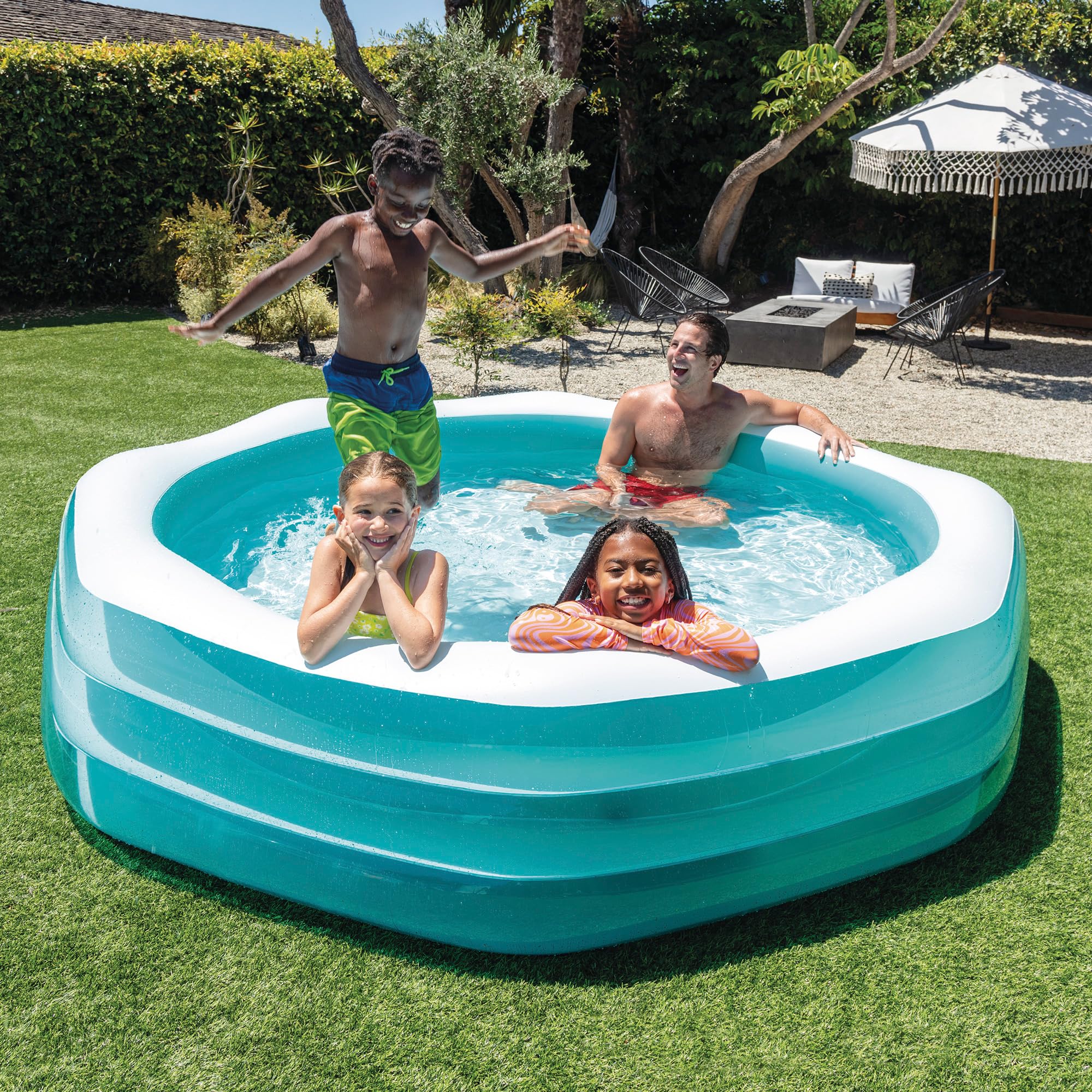 Intex Piscina Hinchable Familiar, Forma Octogonal, 254x254x56 cm, 999 litros, De Vinilo Resistente, 3 cámaras de Aire, Tapón desagüe, Incluye Parche reparación, Piscinas para niños, +6 años (58492)