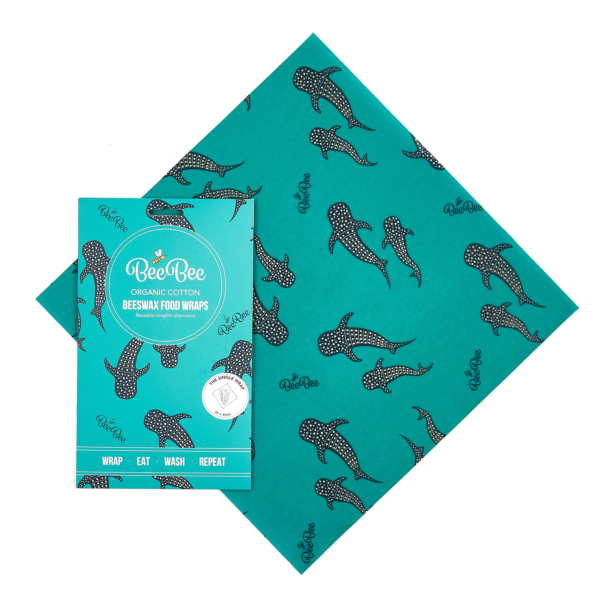 BeeBee Wraps 1 Large 33 x 33 cm | 'Whale POD' Print | Organic Cotton Beeswax Food Wraps | Eco Friendly | Zero Waste | Clingfilm Alternative | British UK
