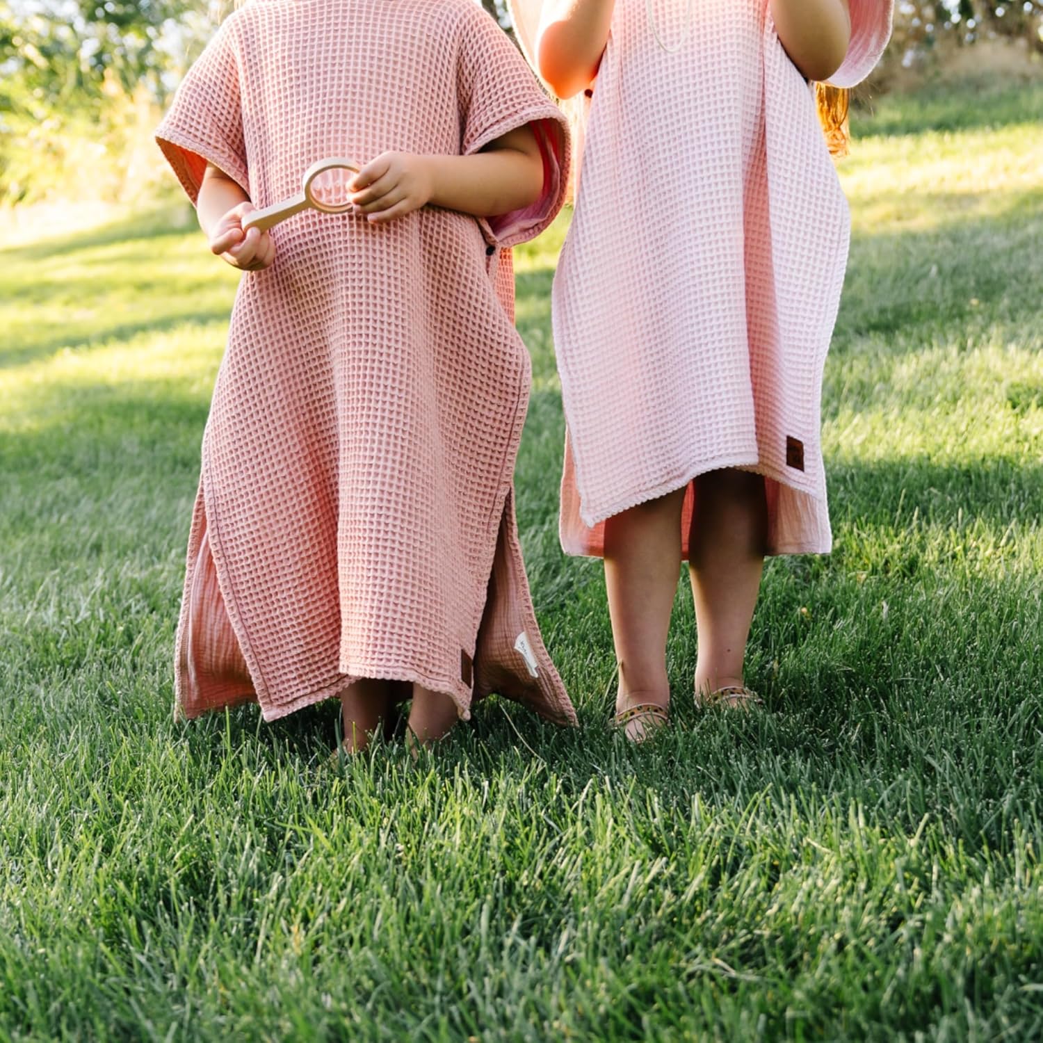 Jade&Kai Hooded Towel for Kids | Snaps into a Poncho | Organic Cotton Waffle | Lightweight and Absorbent | Bath, Beach, and Pool | Multiple Colors | (Large (6-10 Yrs), August Rose)