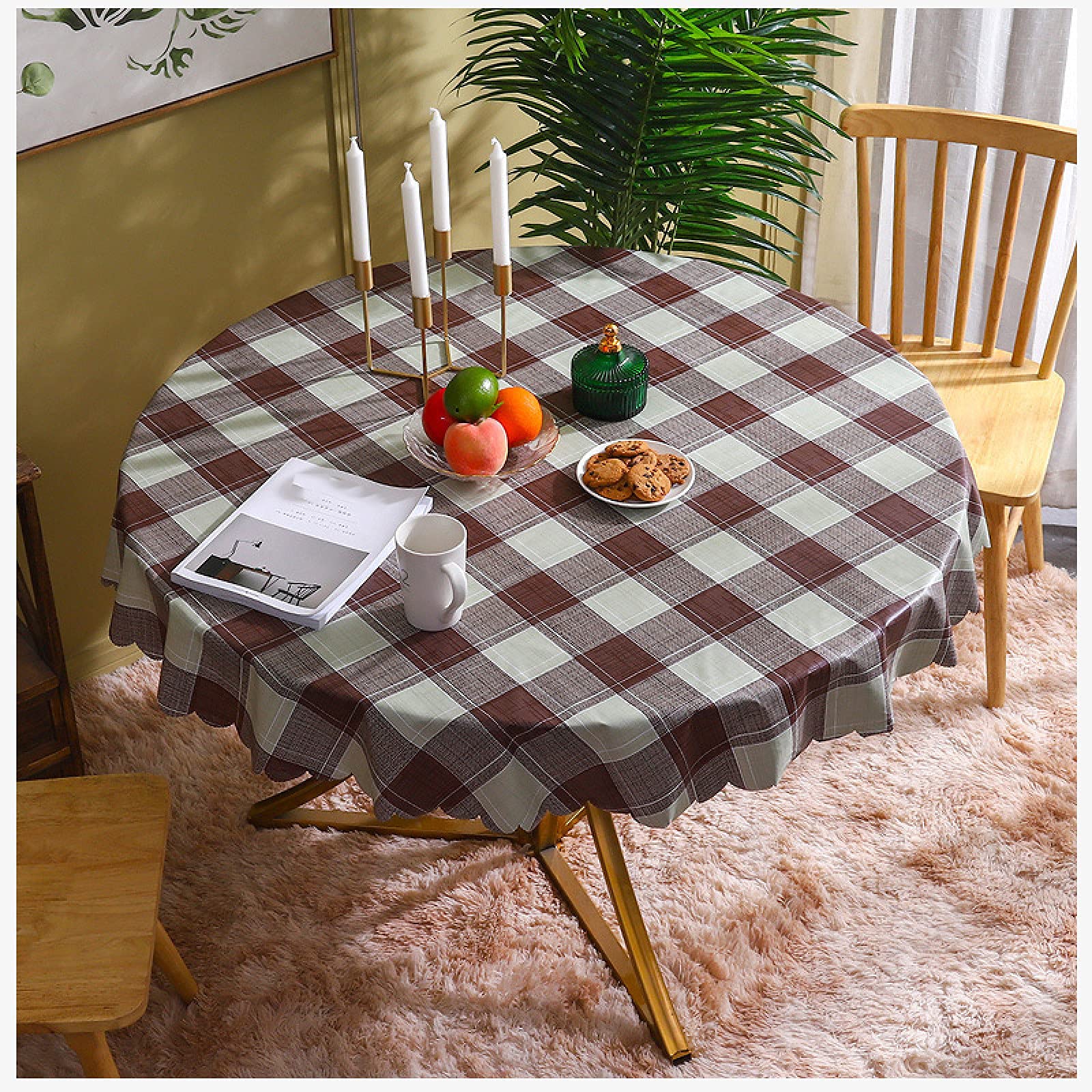 Nappe ronde imperméable en toile cirée à motif imprimé grille de café