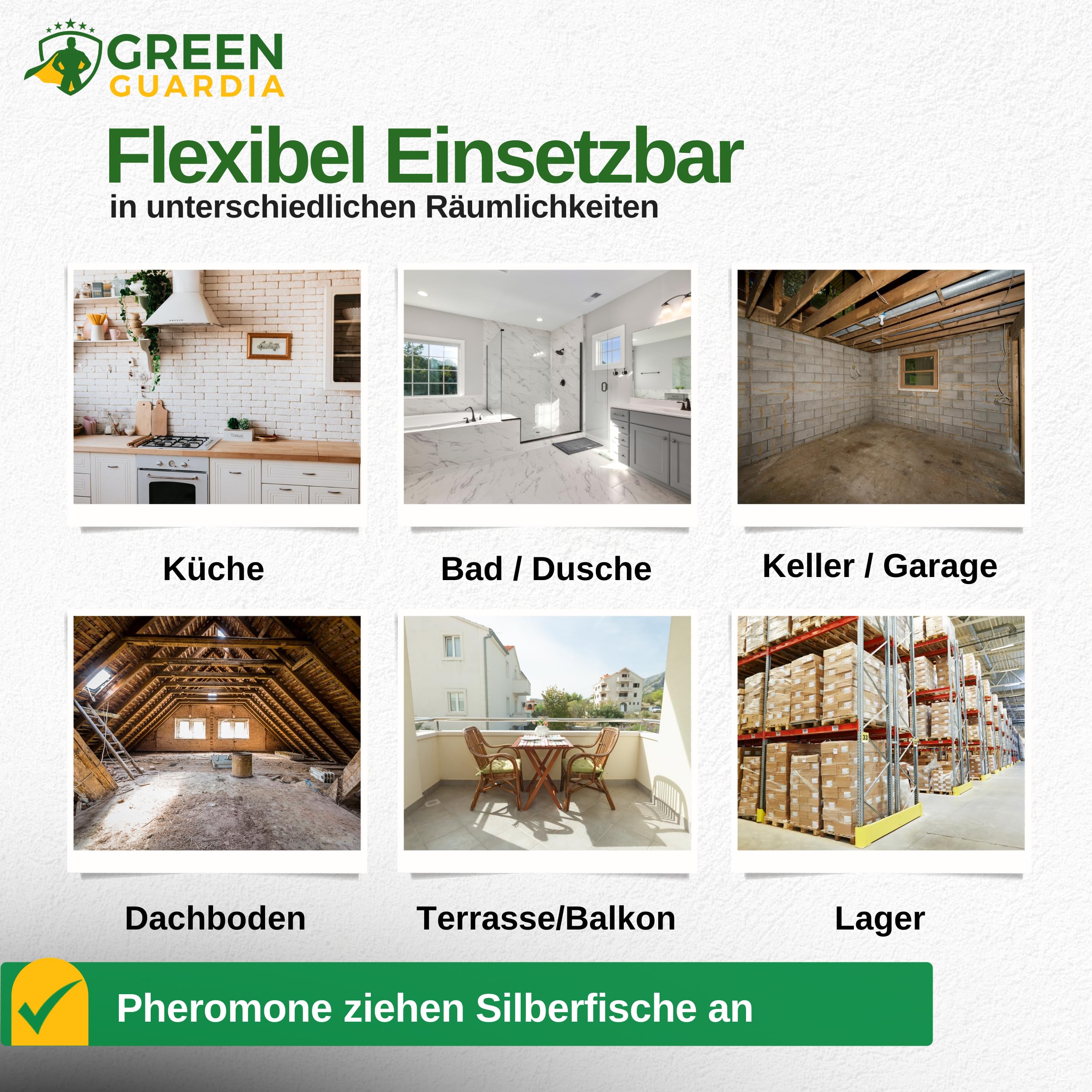 GREEN GUARDIA Silberfischfalle mit Pheromon-Lockstoff - 10x Fallen - umweltfreundlich Silberfische bekämpfen, Chemiefreie Pheromonfalle mit austauschbaren Klebeflächen, giftfrei und geruchsneutral