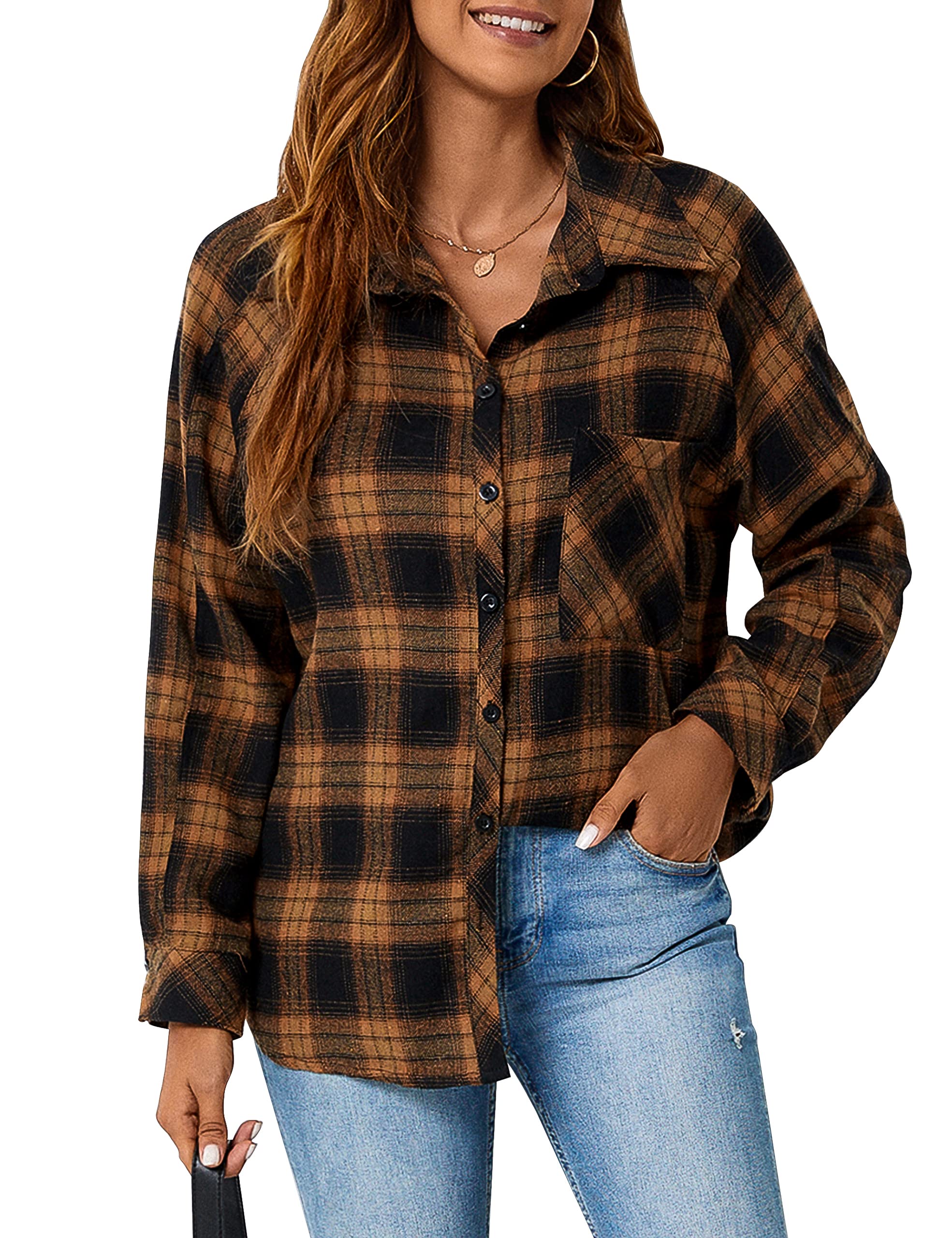 Blooming Jelly Womens Long Sleeve Shirts Flannel Plaid Tops 2023 Button Down Casual Fall Outfits Shacket