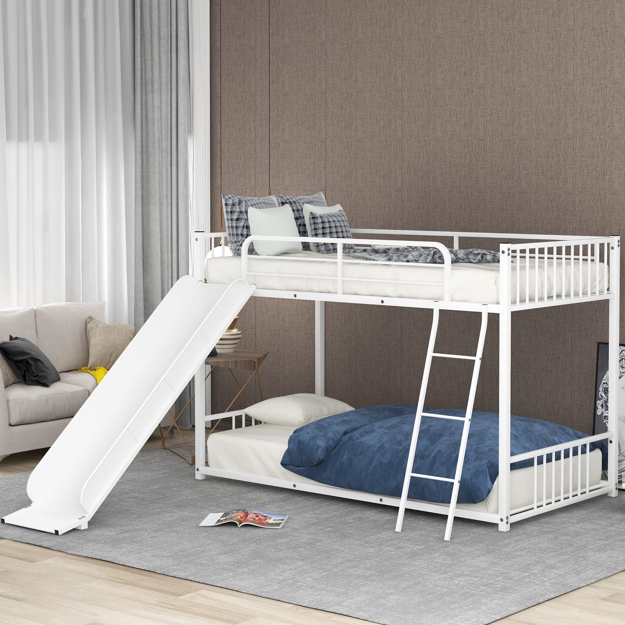 Harper & Bright Designs Metal Bunk Bed with Slide, Twin Over Twin Bunk Bed Metal Frame with Stairs, Safety Guard Rails for Kids Teens Adults, Easy to Assemble, No Box Spring Required (White)