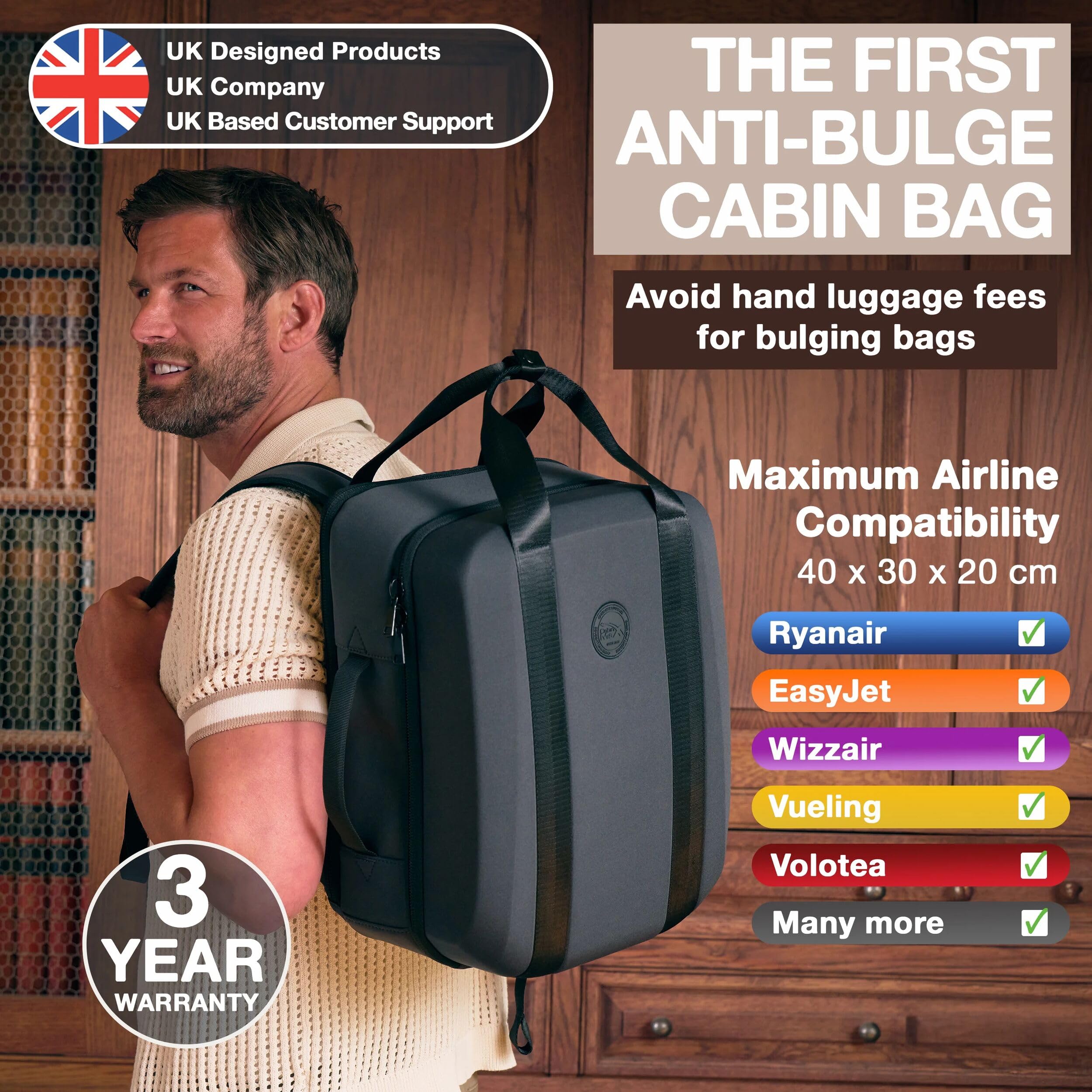 Cabin Max Paxos - Borsa da cabina sottosella da 24 l, 40 x 30 x 20 cm, ShapeSafe Anti-rigonfiamento EVA, leggera 680 g, trasporto senza Ryanair, apertura a conchiglia, Bp Grigio, (24L) UK, Bagaglio a