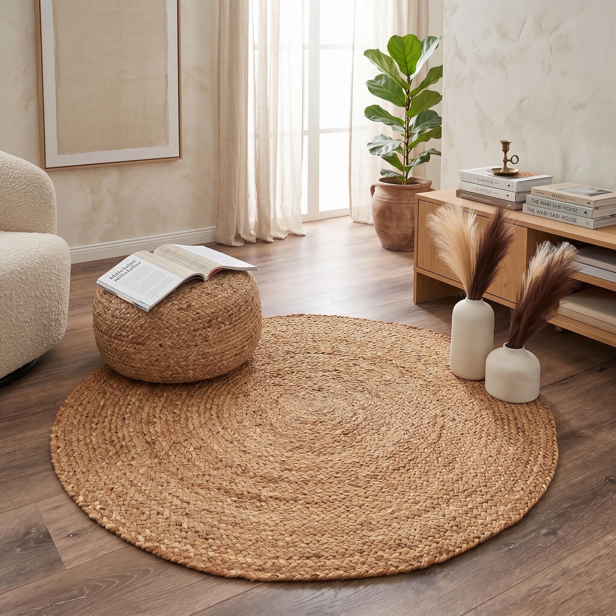 Theo Round Rug, 100% Natural Jute, Artistic Hand Woven Circular Round Rugs for Kitchen, Living Room, Bedroom, Bathroom, Farmhouse - 90cm Round, 90cm x 90cm โ image 1