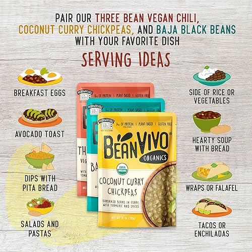 Miniatura 4 de BeanVIVO - Variedad de 3 paquetes (10 onzas cada uno) - Frijoles negros orgánicos Baja, chile vegano de tres frijoles, garbanzos al curry de coco -