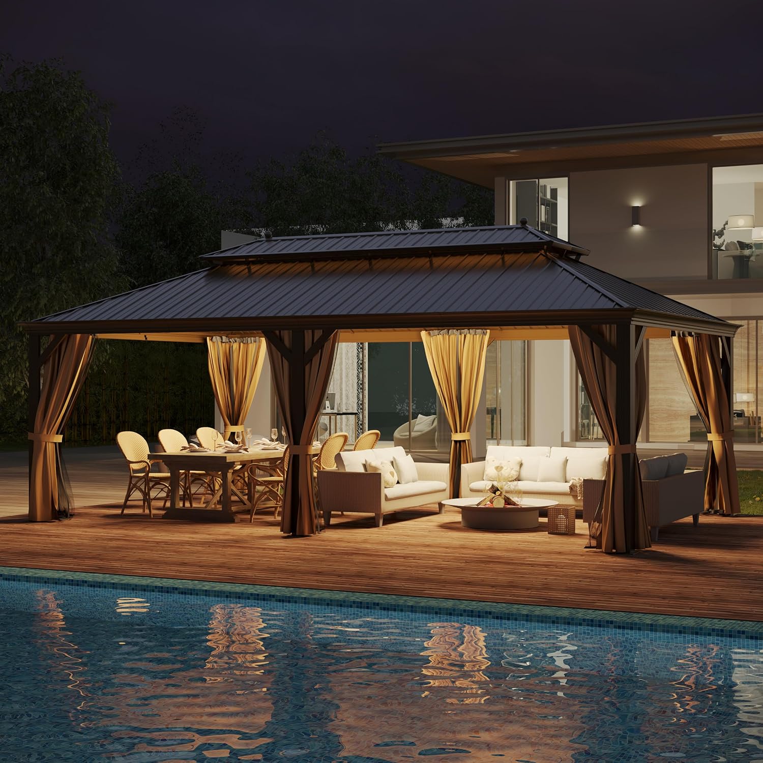14' X 22' Hardtop Gazebo, Outdoor Galvanized Steel Double Roof Permanent Aluminum Frame Pavilion Pergola Canopy with Privacy Curtains for Garden, Patio, Backyard, Deck and Lawns