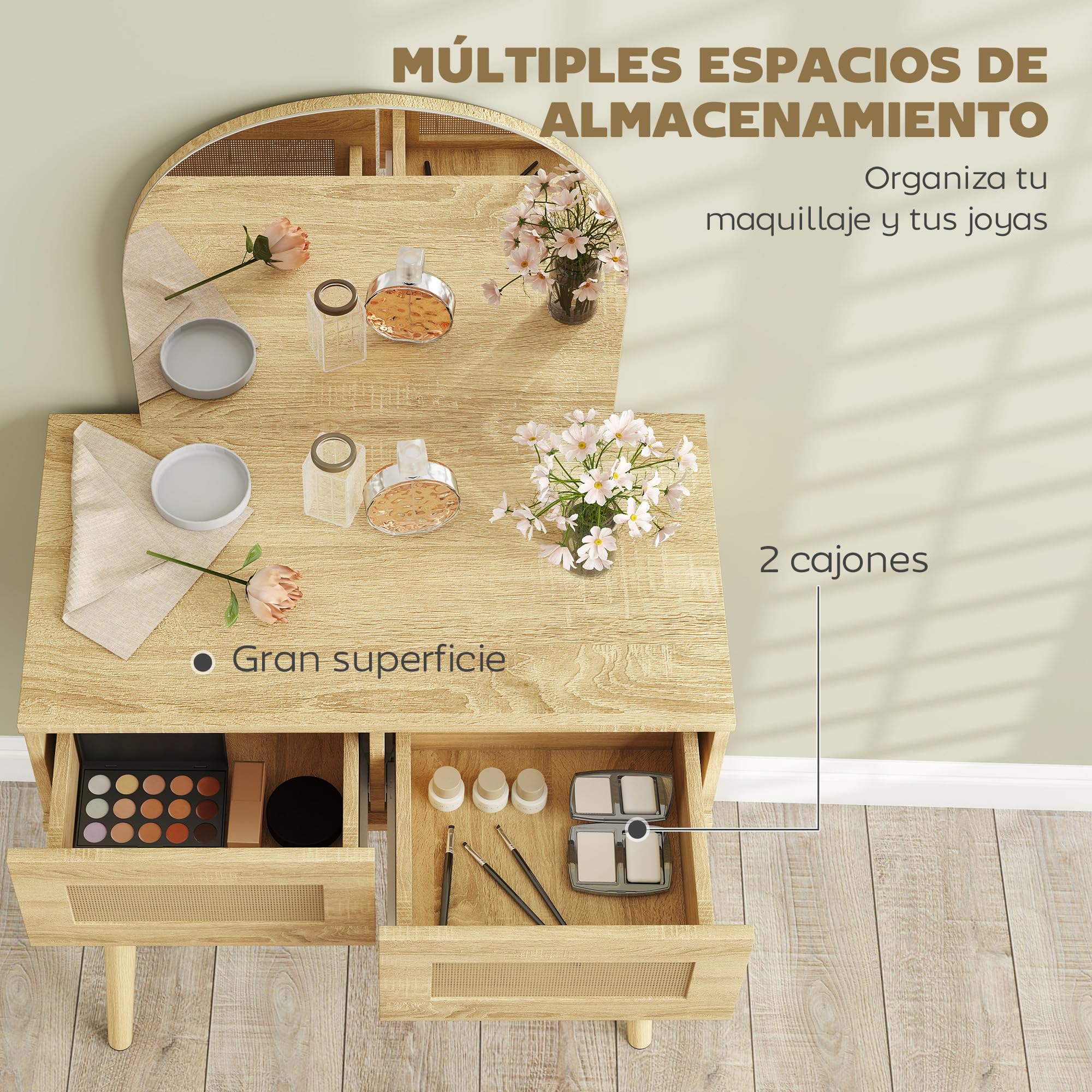 HOMCOM Tocador con Espejo Arqueado, Mesa de Maquillaje Moderna con 2 Cajones con Frontal de Ratán, Tocador de Maquillaje para Dormitorio, Espacios Pequeños, Natural