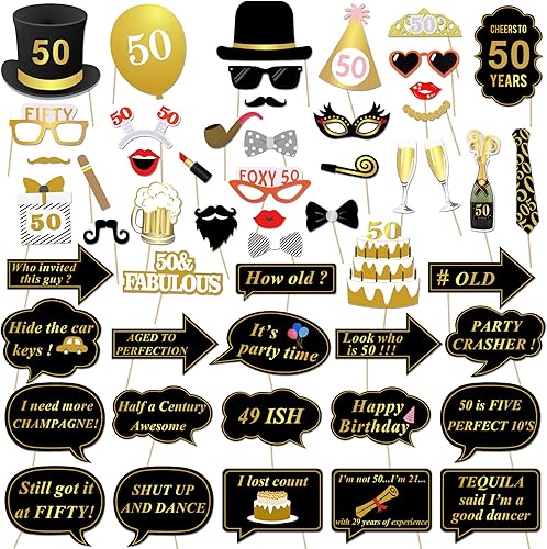 Accesorios para cabina de fotos de 50 cumpleaños, Konsait 50 negro y dorado sintético, decoraciones de feliz cumpleaños, kits de accesorios para