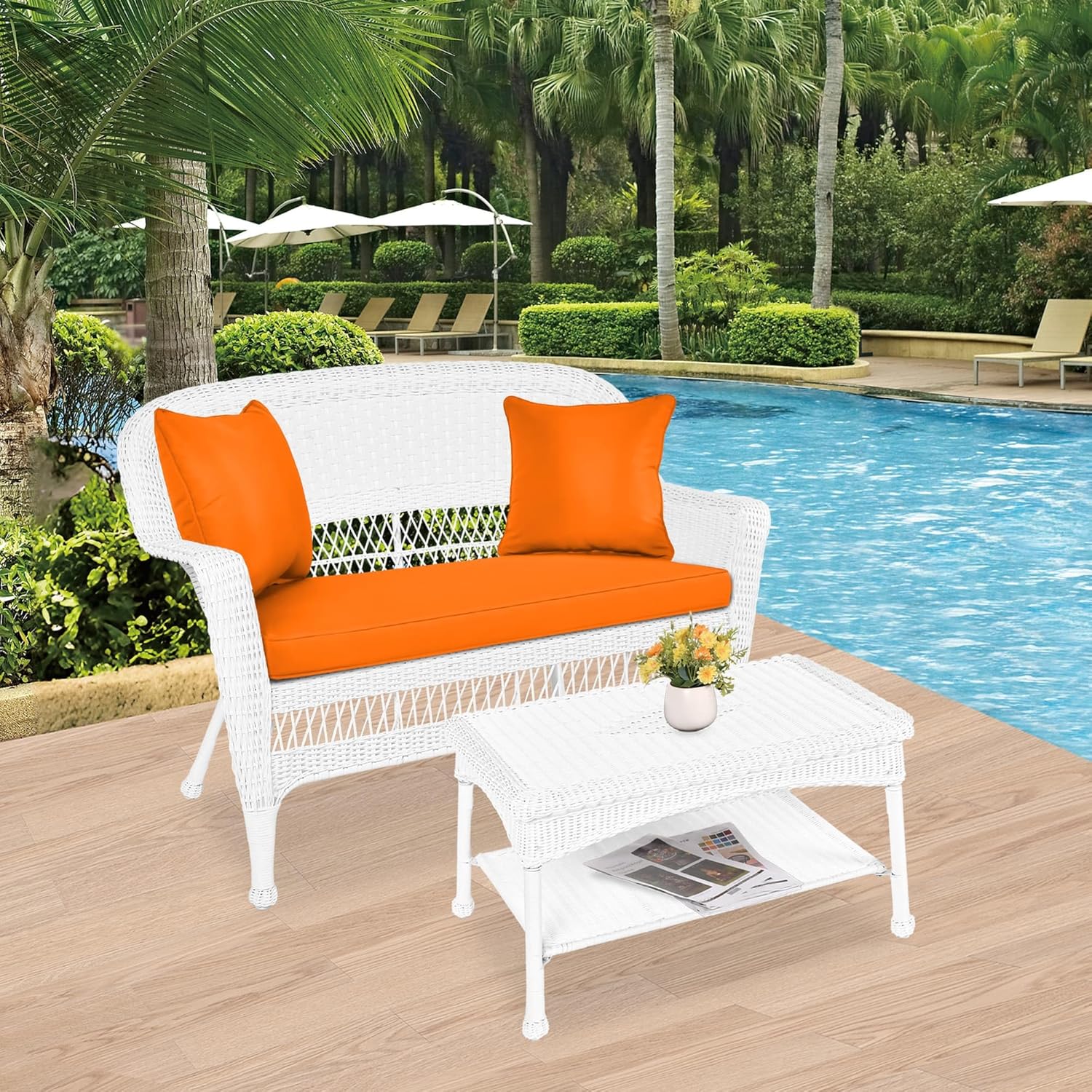 Jeco Wicker Patio Love Seat and Coffee Table Set with Orange Cushion, White